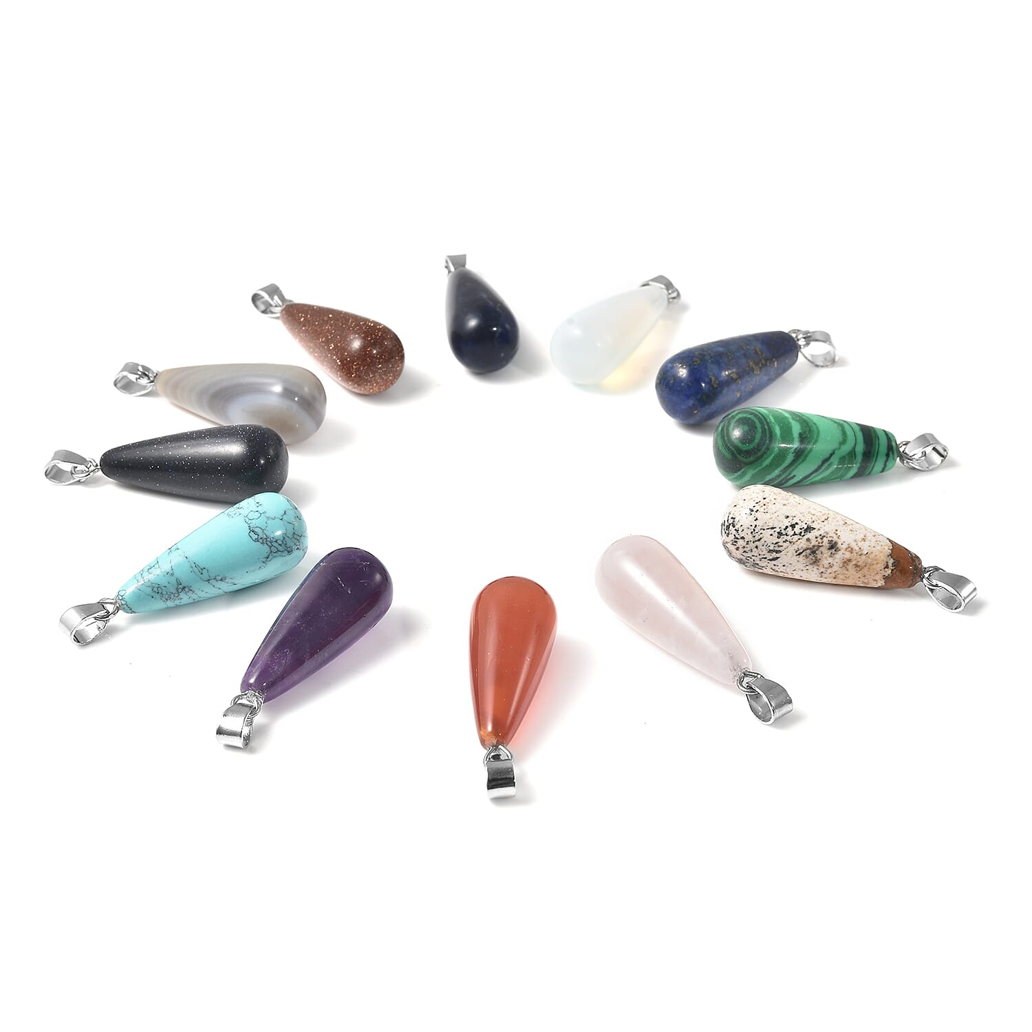 One Time Deal- Set of 12 - Malachite, Blue Howlite, Opalite and Multi Gemstones Long Drop Pendant in Silver Tone