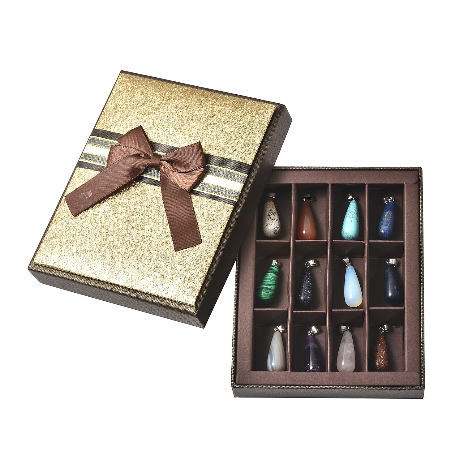 One Time Deal- Set of 12 - Malachite, Blue Howlite, Opalite and Multi Gemstones Long Drop Pendant in Silver Tone