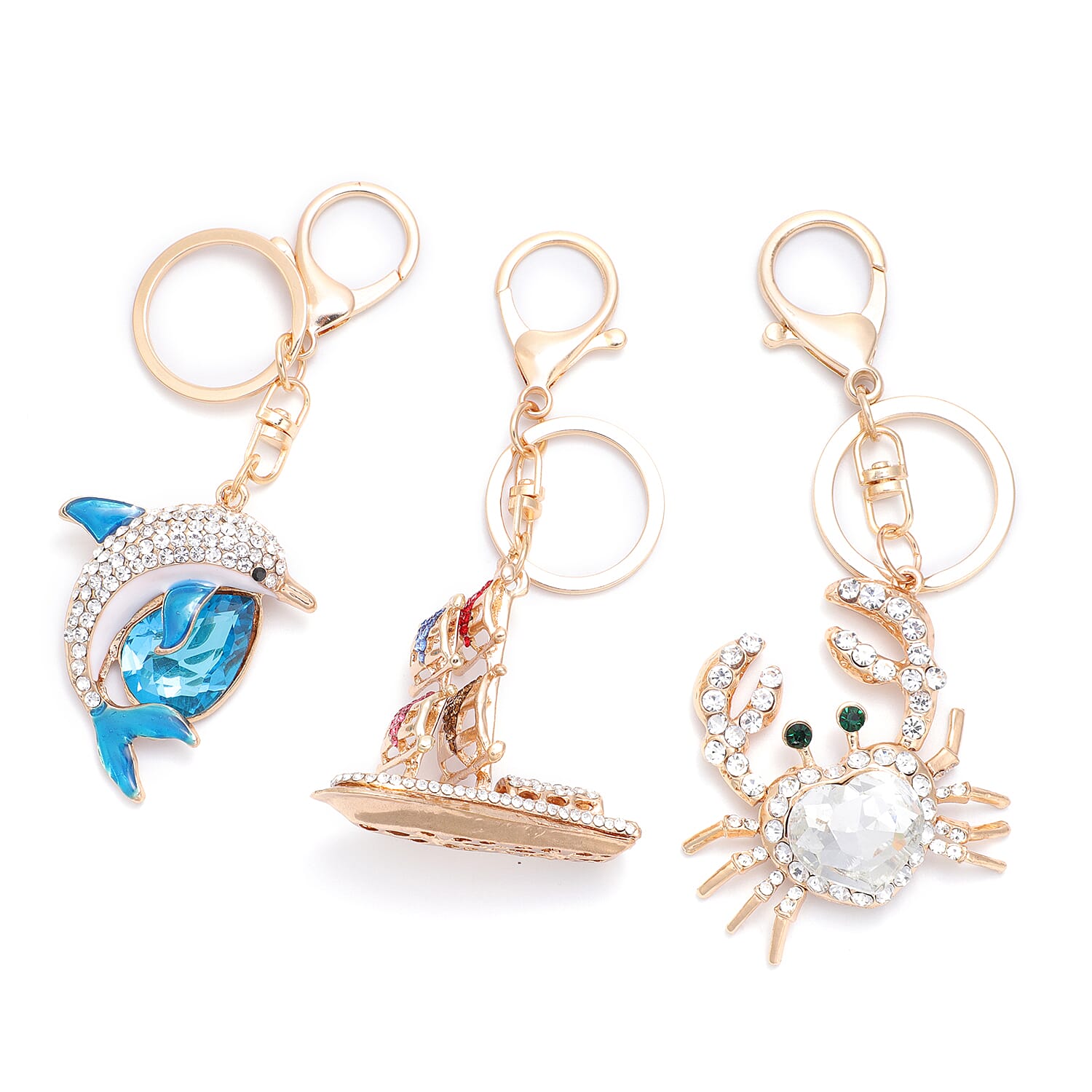 Set of 3 Multi Colour Austrian Crystal, Simulated Diamond and Simulated Blue Topaz Dolphin, Ship and Crab Enamelled Keychains in Yellow Gold Tone
