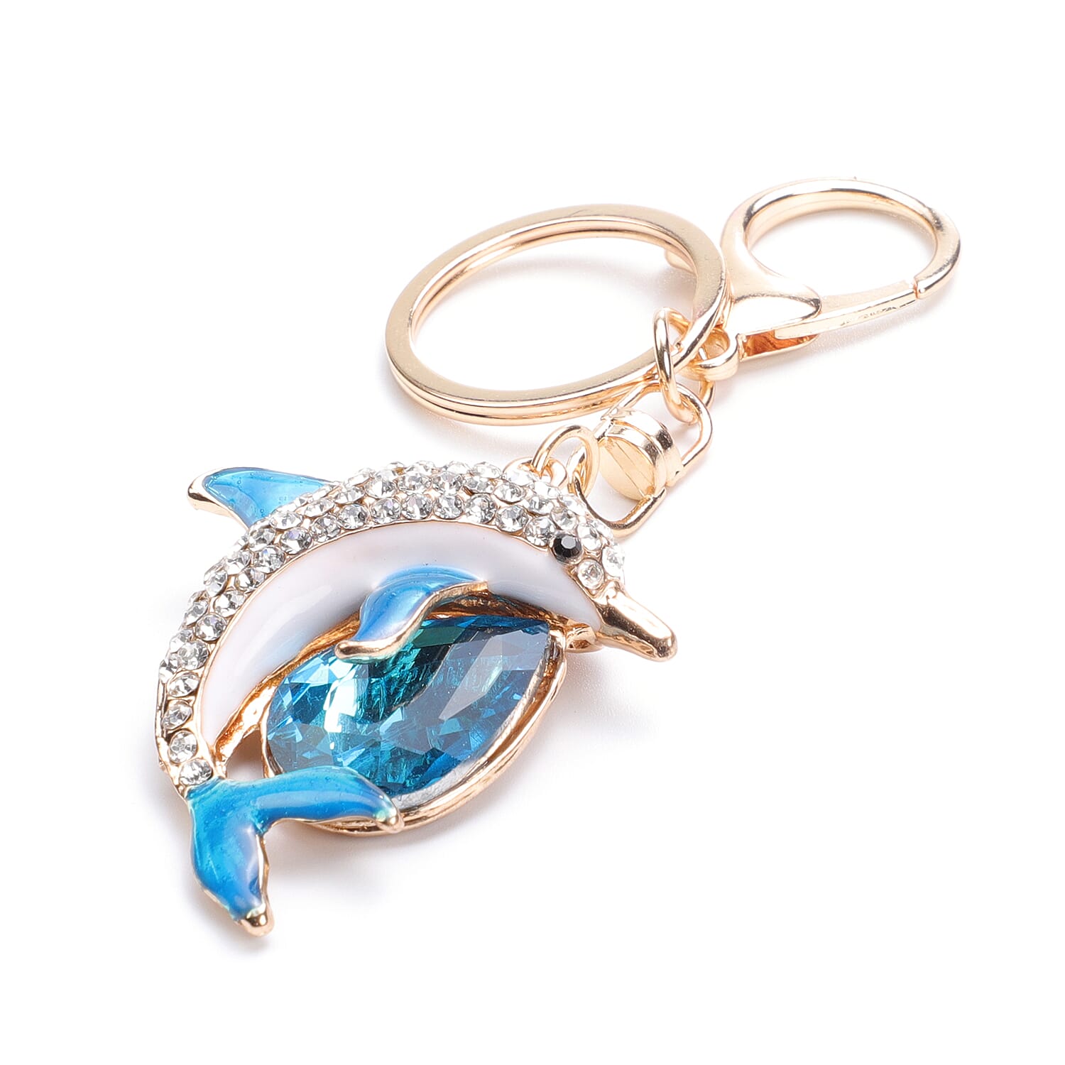Set of 3 Multi Colour Austrian Crystal, Simulated Diamond and Simulated Blue Topaz Dolphin, Ship and Crab Enamelled Keychains in Yellow Gold Tone