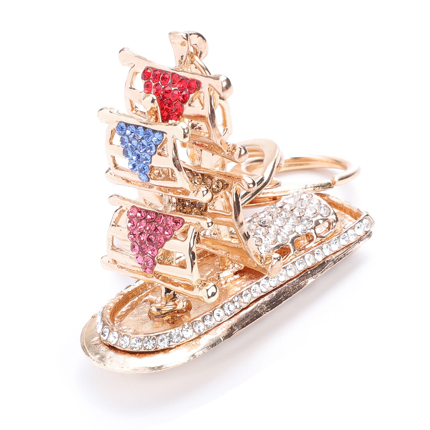 Set of 3 Multi Colour Austrian Crystal, Simulated Diamond and Simulated Blue Topaz Dolphin, Ship and Crab Enamelled Keychains in Yellow Gold Tone