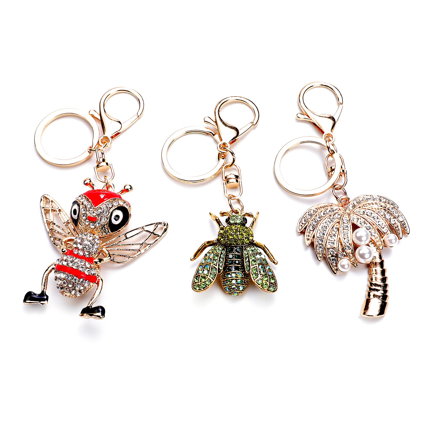 Set of 3 - Simulated Pearl, Multi Colour Austrian Crystal and Multi Gemstone Bee, Beetle and Palm Tree Keychains in Yellow Gold Tone