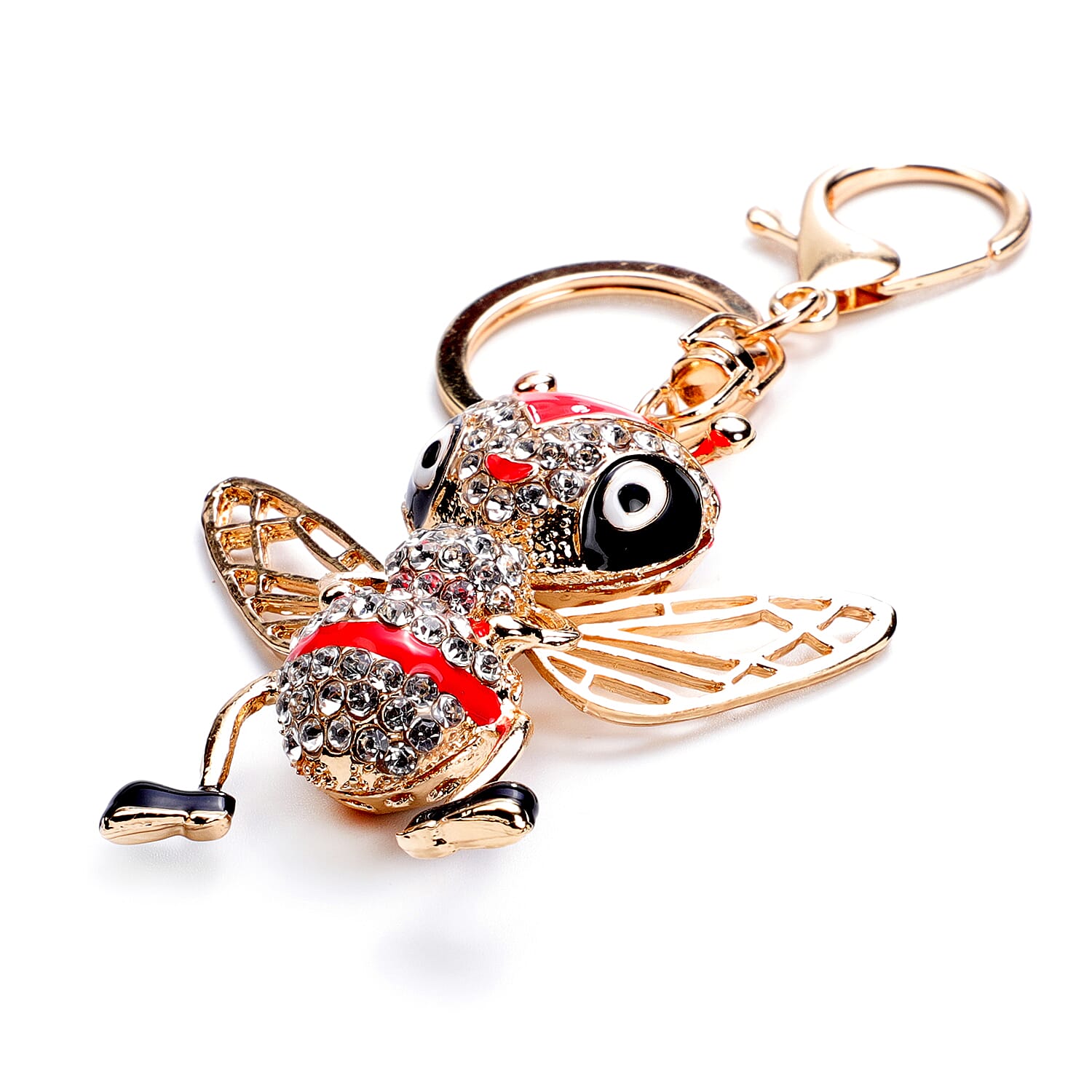 Set of 3 - Simulated Pearl, Multi Colour Austrian Crystal and Multi Gemstone Bee, Beetle and Palm Tree Keychains in Yellow Gold Tone