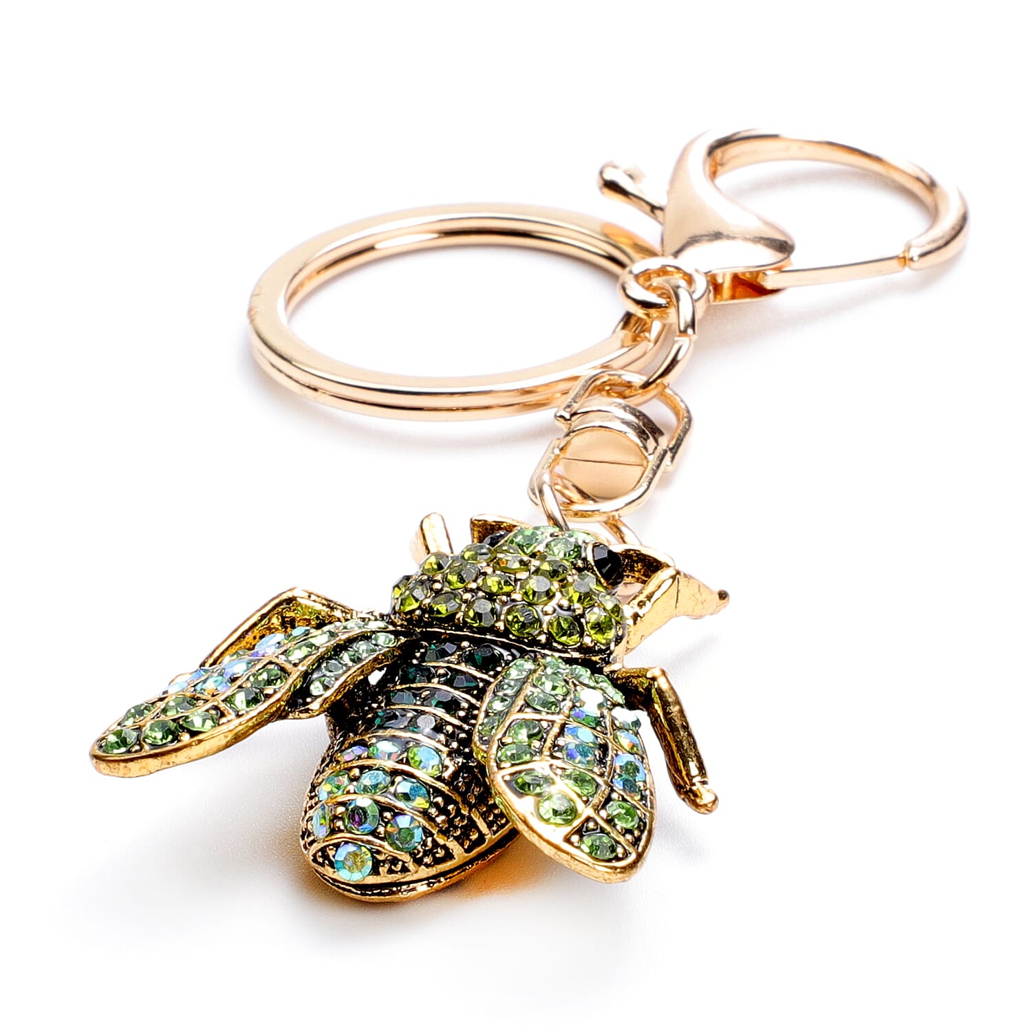 Set of 3 - Simulated Pearl, Multi Colour Austrian Crystal and Multi Gemstone Bee, Beetle and Palm Tree Keychains in Yellow Gold Tone