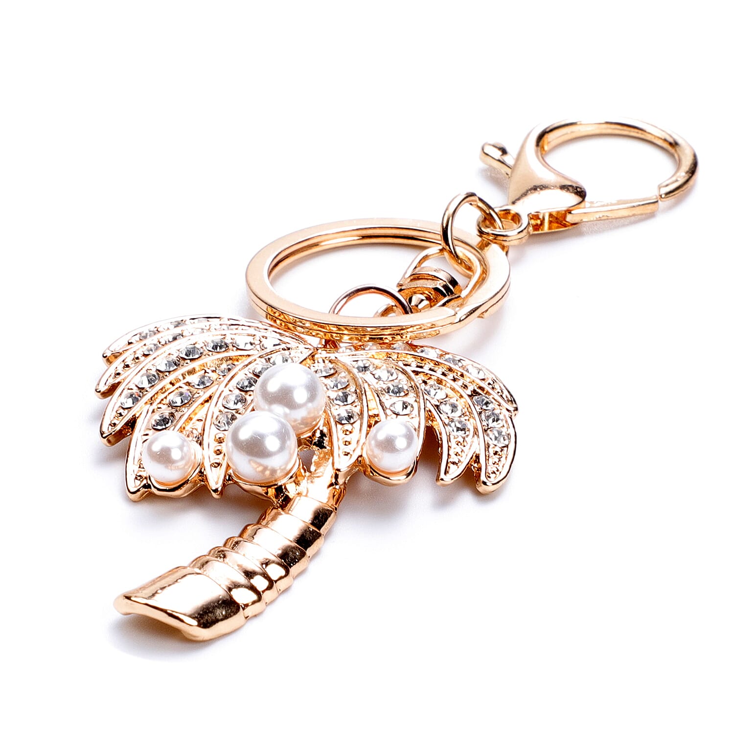 Set of 3 - Simulated Pearl, Multi Colour Austrian Crystal and Multi Gemstone Bee, Beetle and Palm Tree Keychains in Yellow Gold Tone