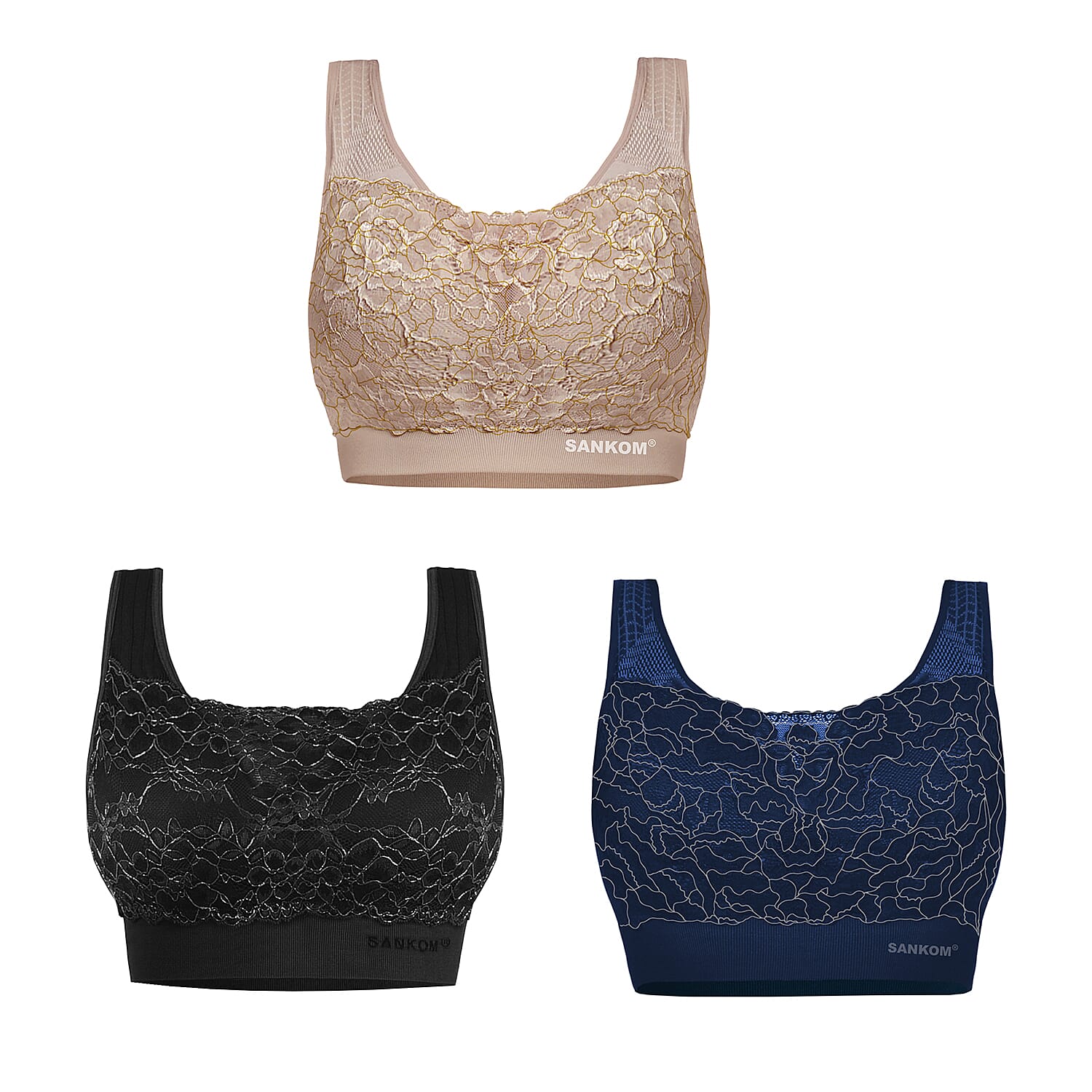 3 Piece Set - SANKOM SWITZERLAND Patent Classic with Lace Bra (Size XS - 6) Including Black-Silver, Navy-Silver & Beige-Gold