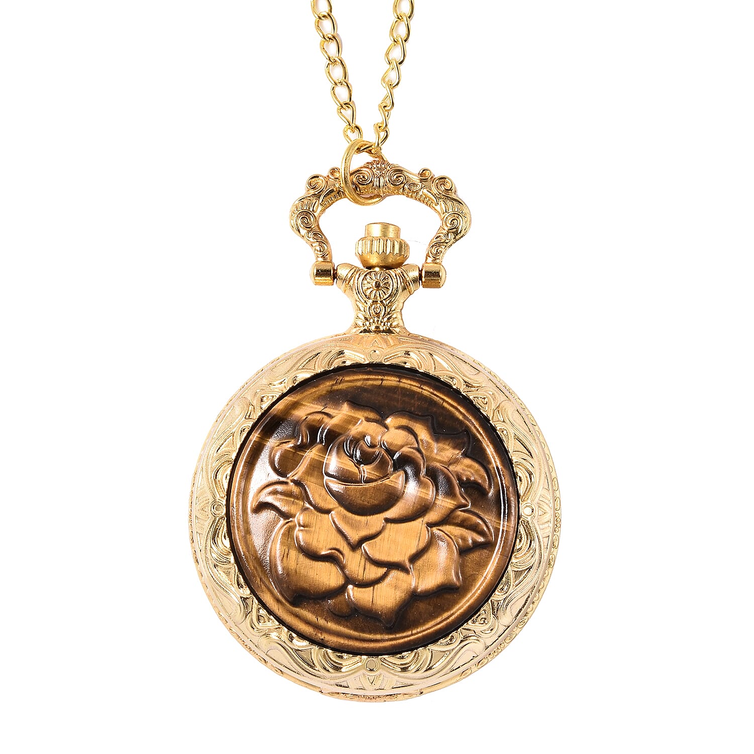 GENOA Japanese Movement Water Resistant Rose Carved Tiger Eye Pocket Watch with Chain (Size 31) in Gold Tone