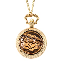 GENOA Japanese Movement Water Resistant Rose Carved Tiger Eye Pocket Watch with Chain (Size 31) in Gold Tone