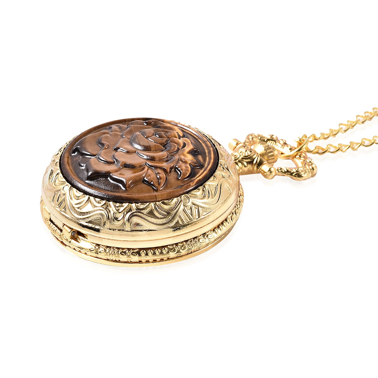 GENOA Japanese Movement Water Resistant Rose Carved Tiger Eye Pocket Watch with Chain (Size 31) in Gold Tone