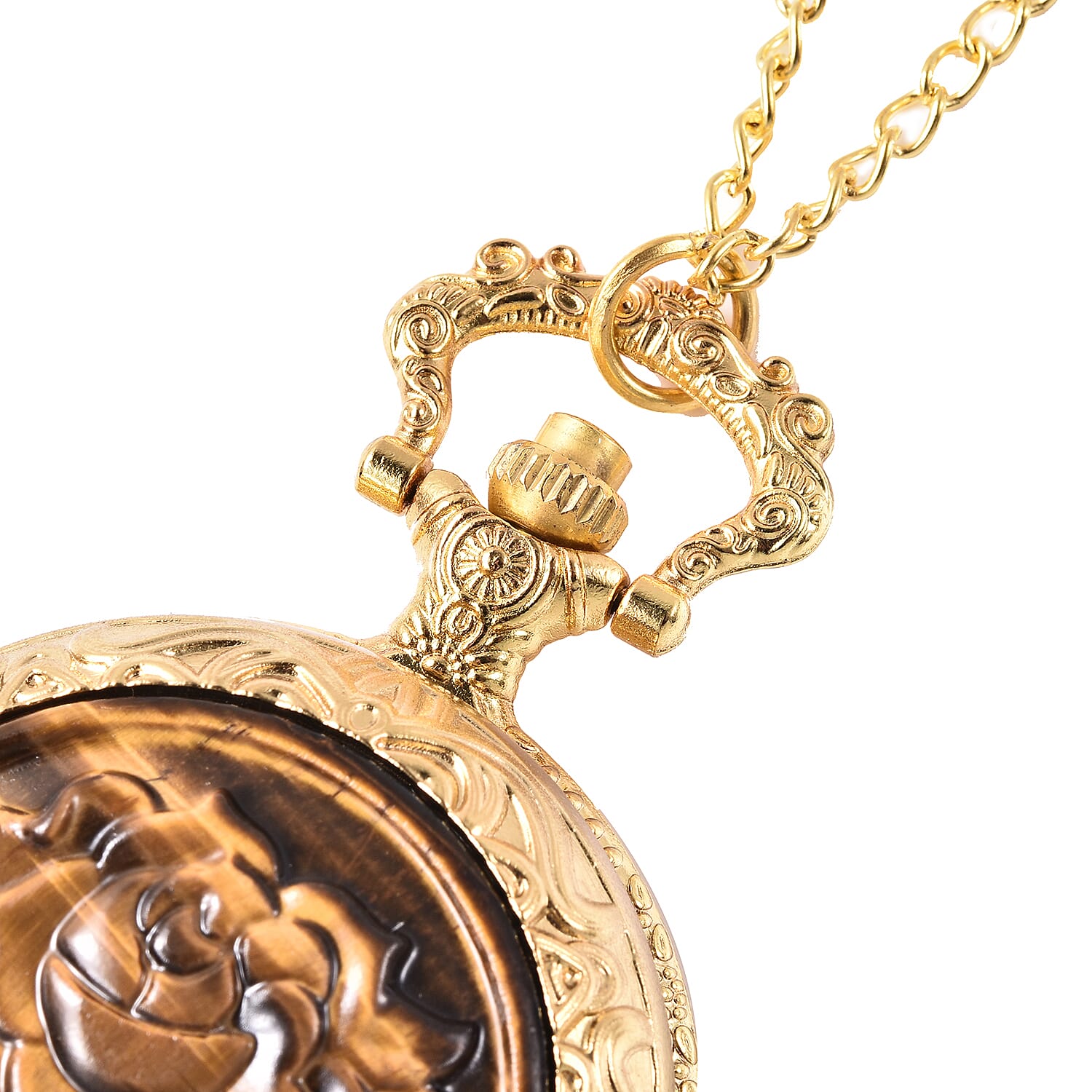 GENOA Japanese Movement Water Resistant Rose Carved Tiger Eye Pocket Watch with Chain (Size 31) in Gold Tone
