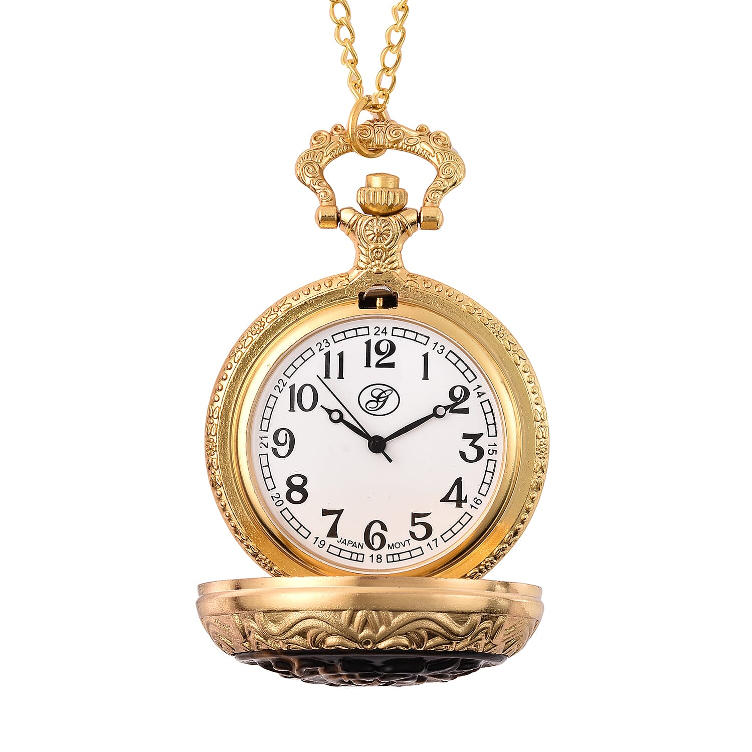 GENOA Japanese Movement Water Resistant Rose Carved Tiger Eye Pocket Watch with Chain (Size 31) in Gold Tone