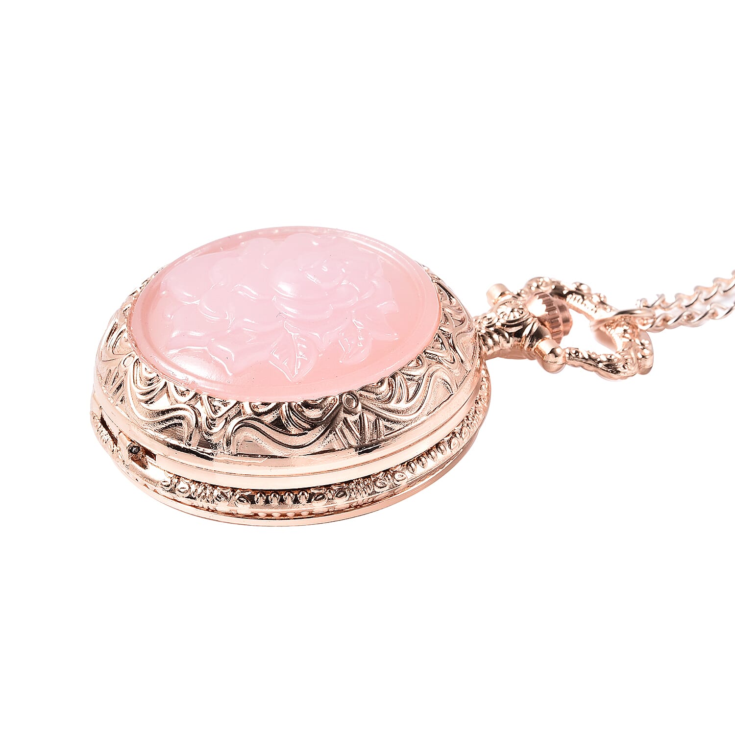 GENOA Japanese Movement Carved Rose Quartz Rose Pattern Water Resistant Pocket Watch with Chain in Rose Gold Tone