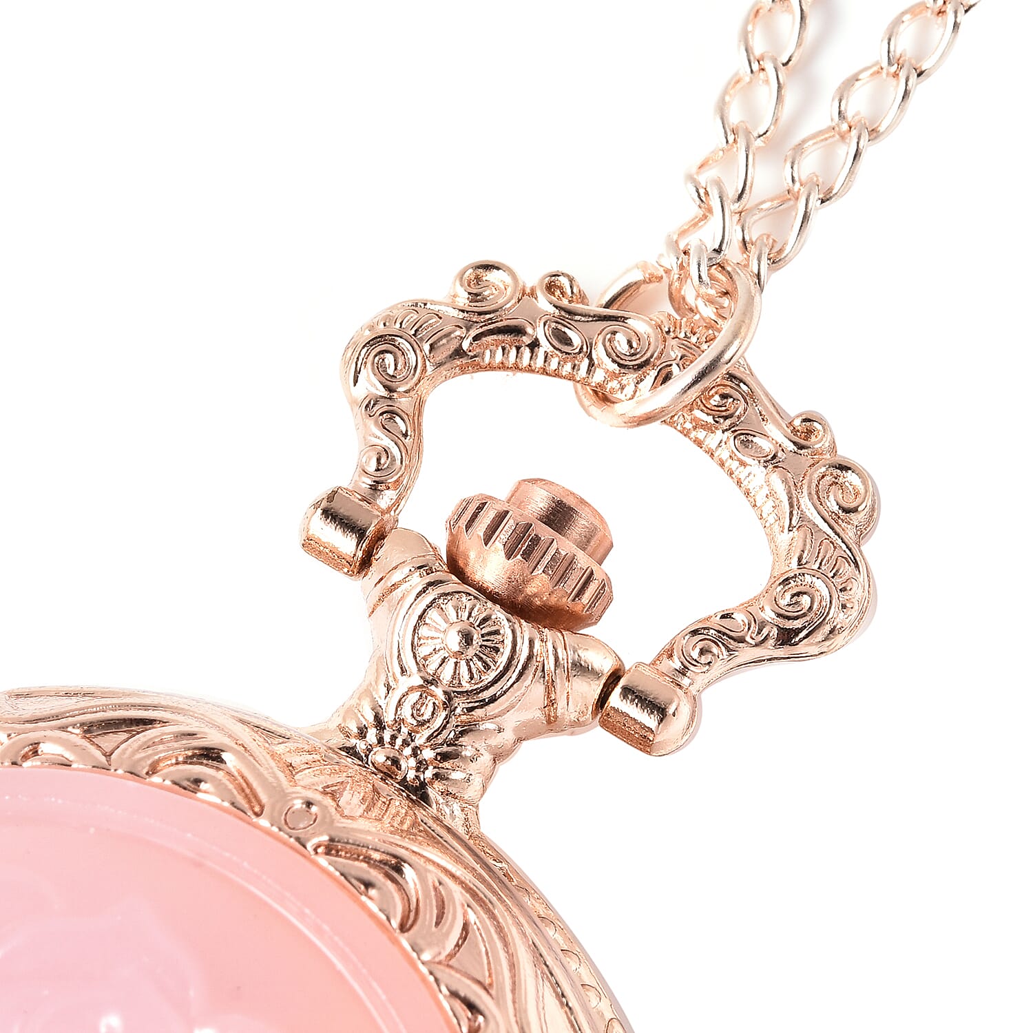 GENOA Japanese Movement Carved Rose Quartz Rose Pattern Water Resistant Pocket Watch with Chain in Rose Gold Tone