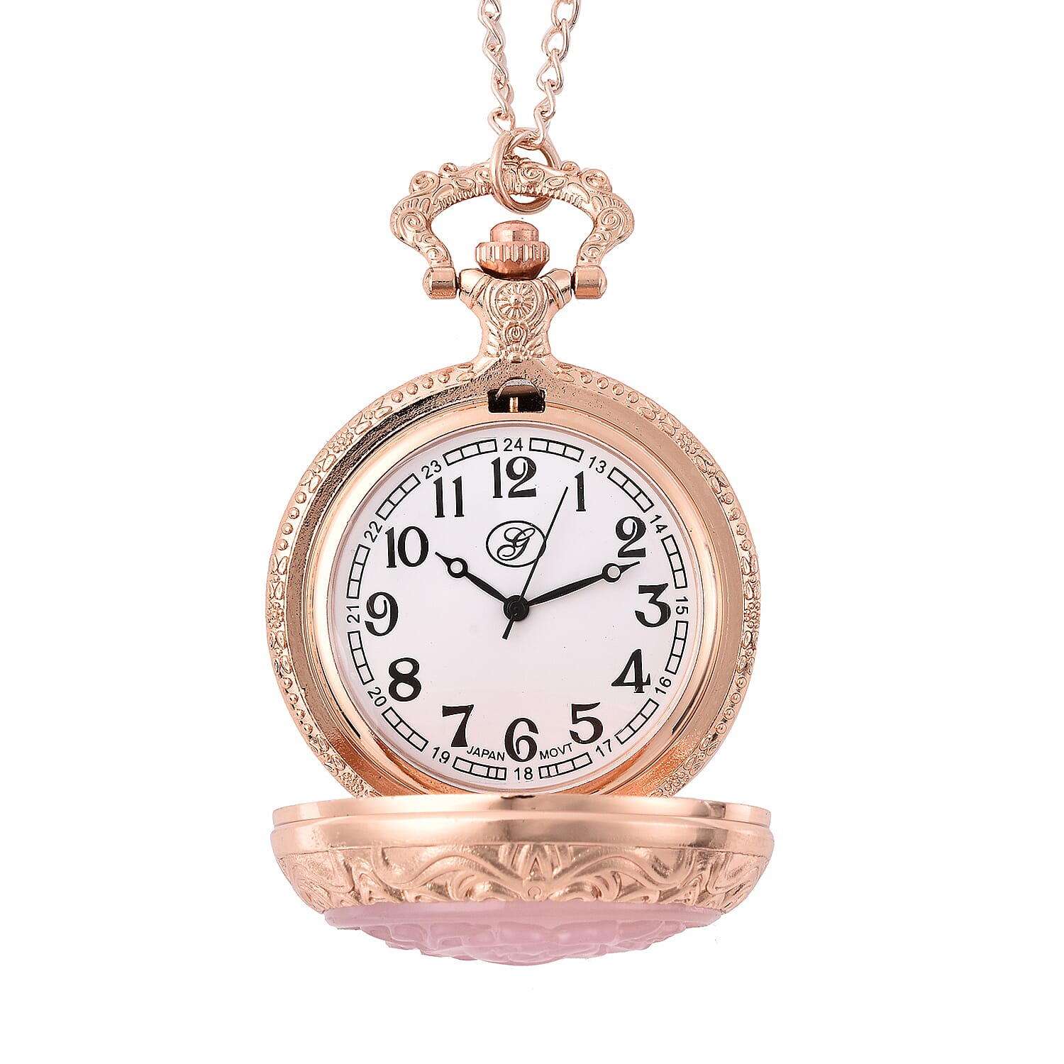 GENOA Japanese Movement Carved Rose Quartz Rose Pattern Water Resistant Pocket Watch with Chain in Rose Gold Tone