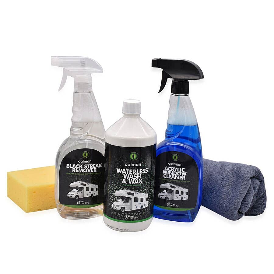 Caiman Leisure Pack 3 - Waterless Wash & Wax - Black Streak Remover - Acrylic Window Cleaner (Includes Sponge & Cloth)