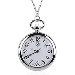 STRADA Japanese Movement Murano Glass Back Water Resistant Pocket Watch with Chain (Size 31) in Silver Tone