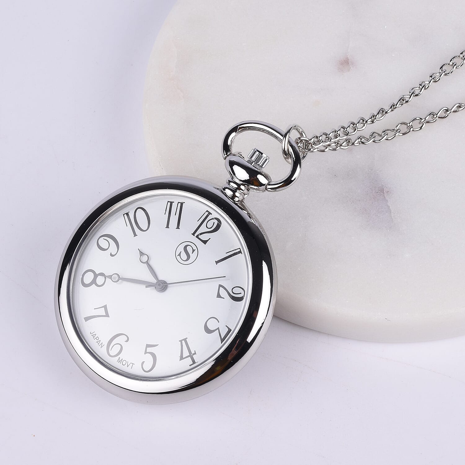 STRADA Japanese Movement Murano Glass Back Water Resistant Pocket Watch with Chain (Size 31) in Silver Tone