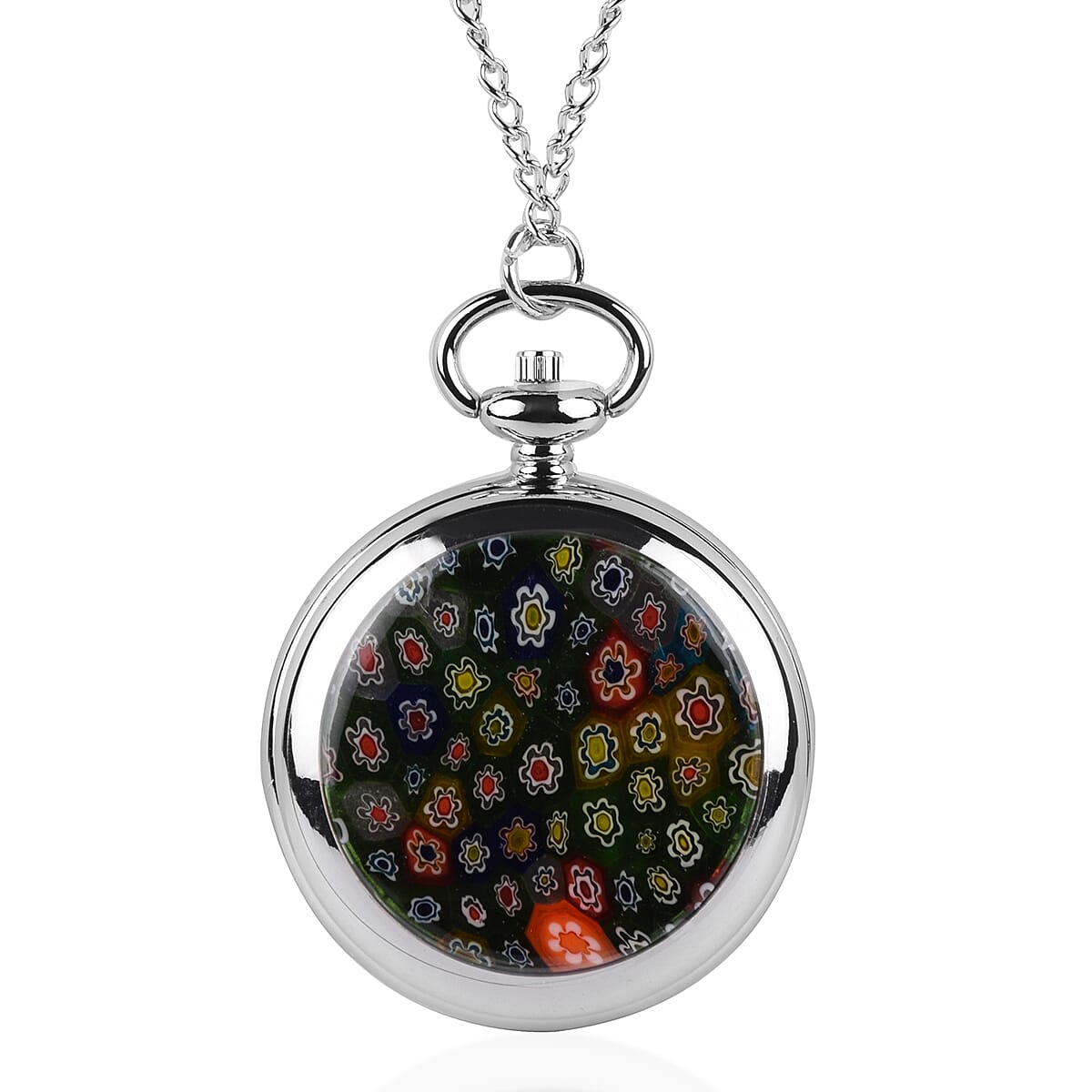 STRADA Japanese Movement Murano Glass Back Water Resistant Pocket Watch with Chain (Size 31) in Silver Tone