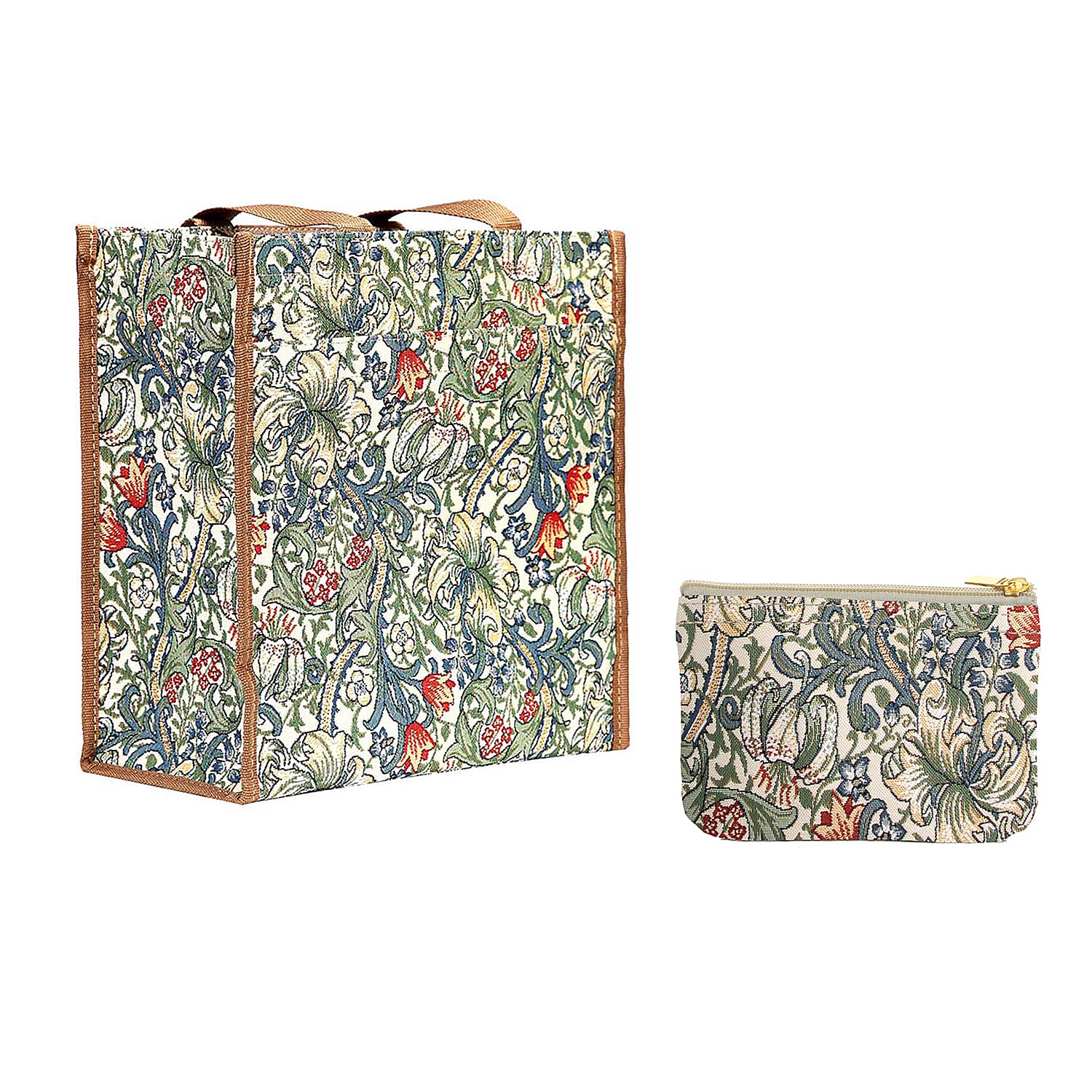 Signare Tapestry - Golden Lily Shopping Bag with Free Matching Coin/Card Holder in Green (Size: 31x30x13.5 Cm)