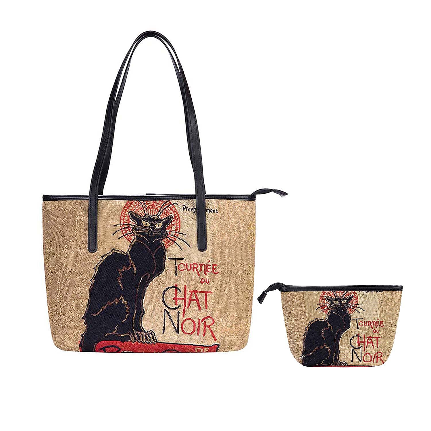 Signare Tapestry - 2 Piece Set Tournee du Chat Noir Art Shoulder Bag with Free Matching Make Up Bag in Beige (Size 33x27x15cm)