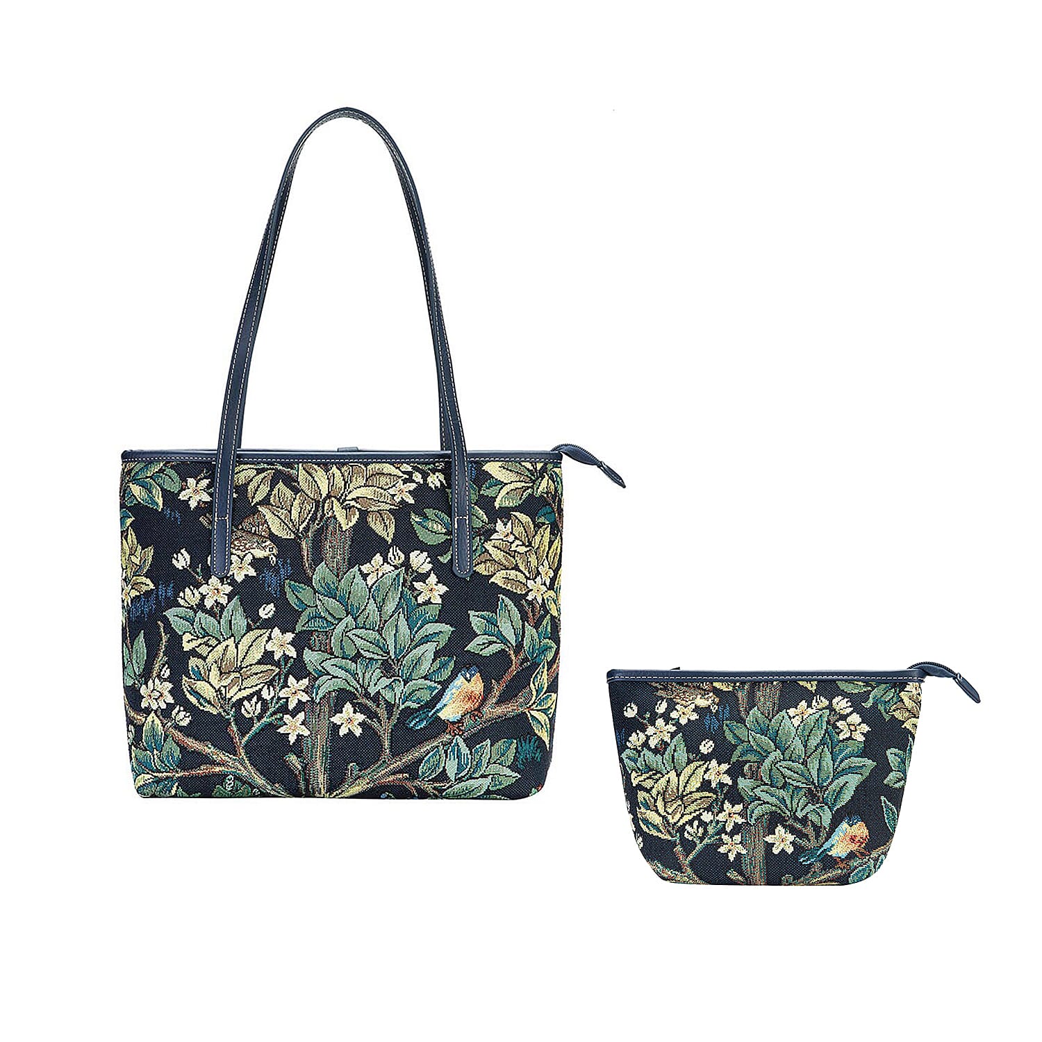 Signare Tapestry - 2 Piece Set William Morris Tree of Life Art Shoulder Bag with Free Matching Make Up Bag in Green (Size 33x27x15cm)