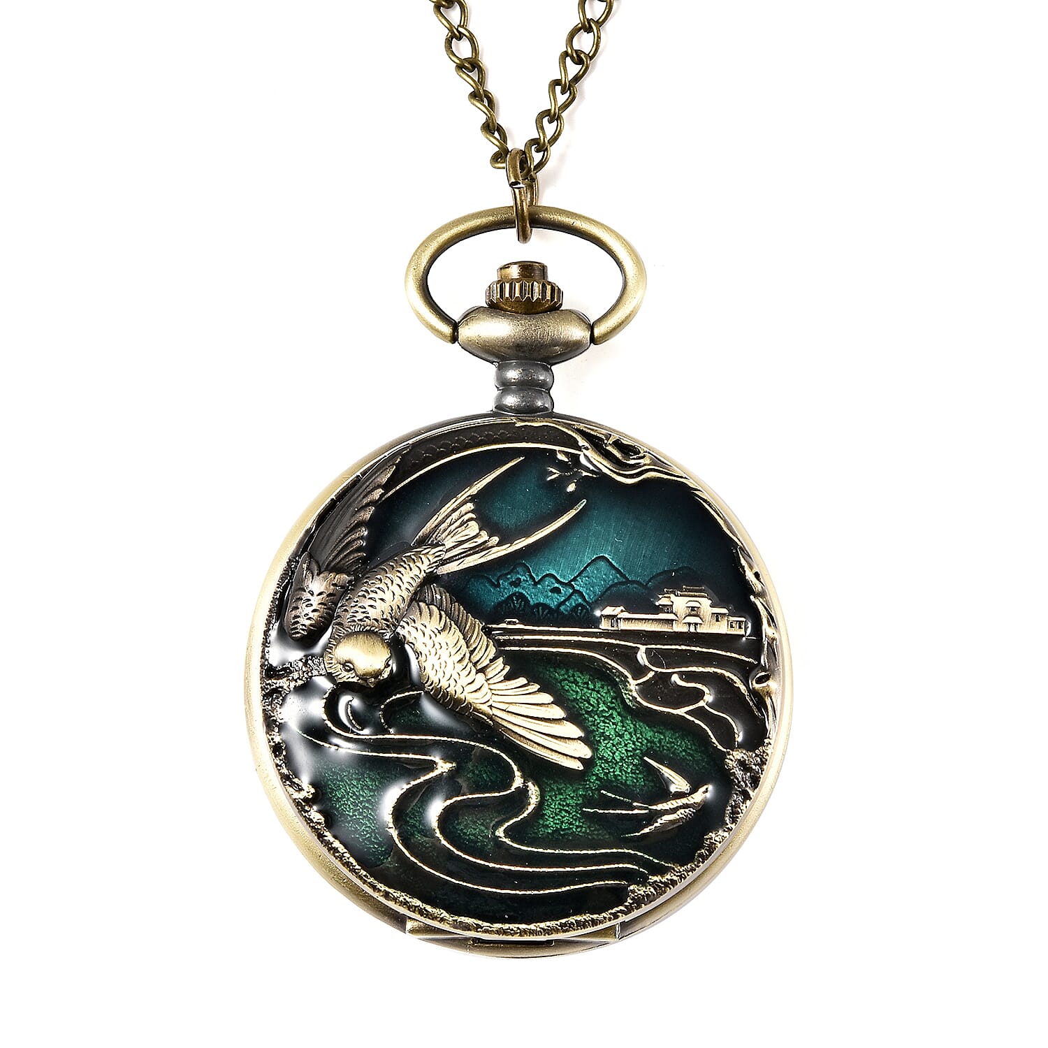 STRADA Japanese Movement Swallow Pattern Water Resistant Blue & Green Enamelled Pocket Watch with Chain (Size 31) in Yellow Gold Tone