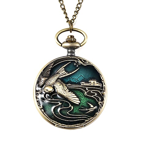STRADA Japanese Movement Swallow Pattern Water Resistant Blue & Green Enamelled Pocket Watch with Chain (Size 31) in Yellow Gold Tone