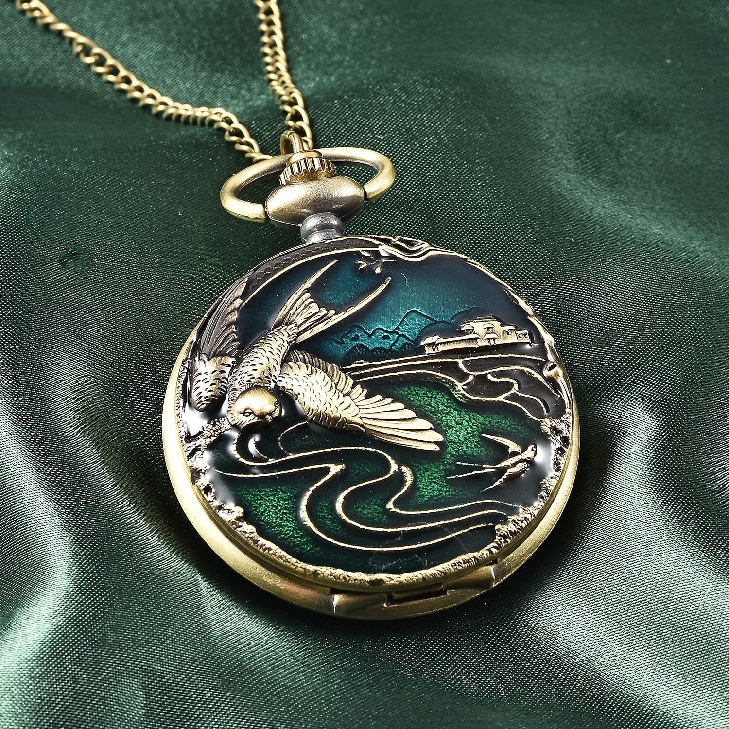 STRADA Japanese Movement Swallow Pattern Water Resistant Blue & Green Enamelled Pocket Watch with Chain (Size 31) in Yellow Gold Tone
