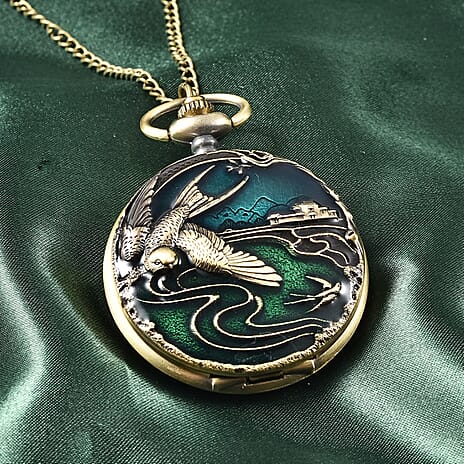STRADA Japanese Movement Swallow Pattern Water Resistant Blue & Green Enamelled Pocket Watch with Chain (Size 31) in Yellow Gold Tone