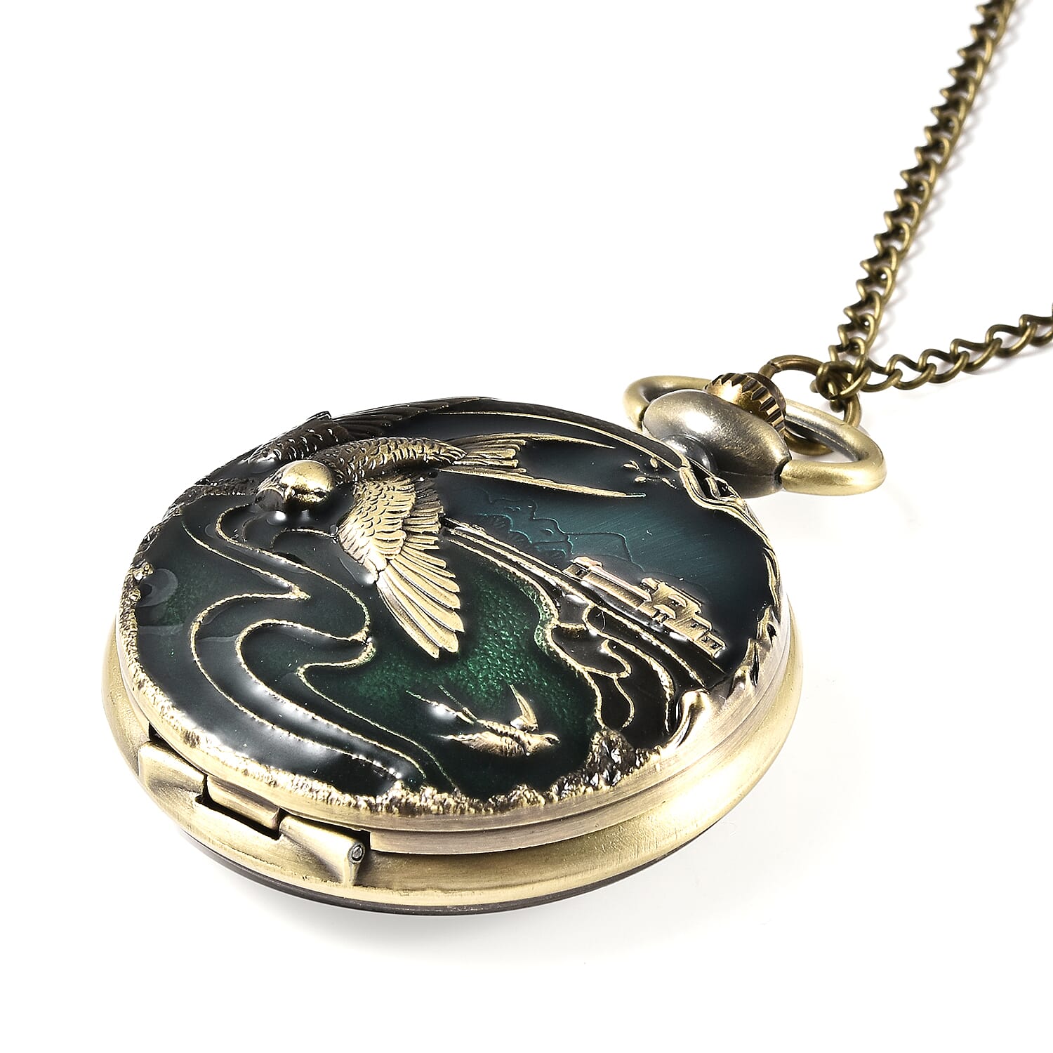 STRADA Japanese Movement Swallow Pattern Water Resistant Blue & Green Enamelled Pocket Watch with Chain (Size 31) in Yellow Gold Tone