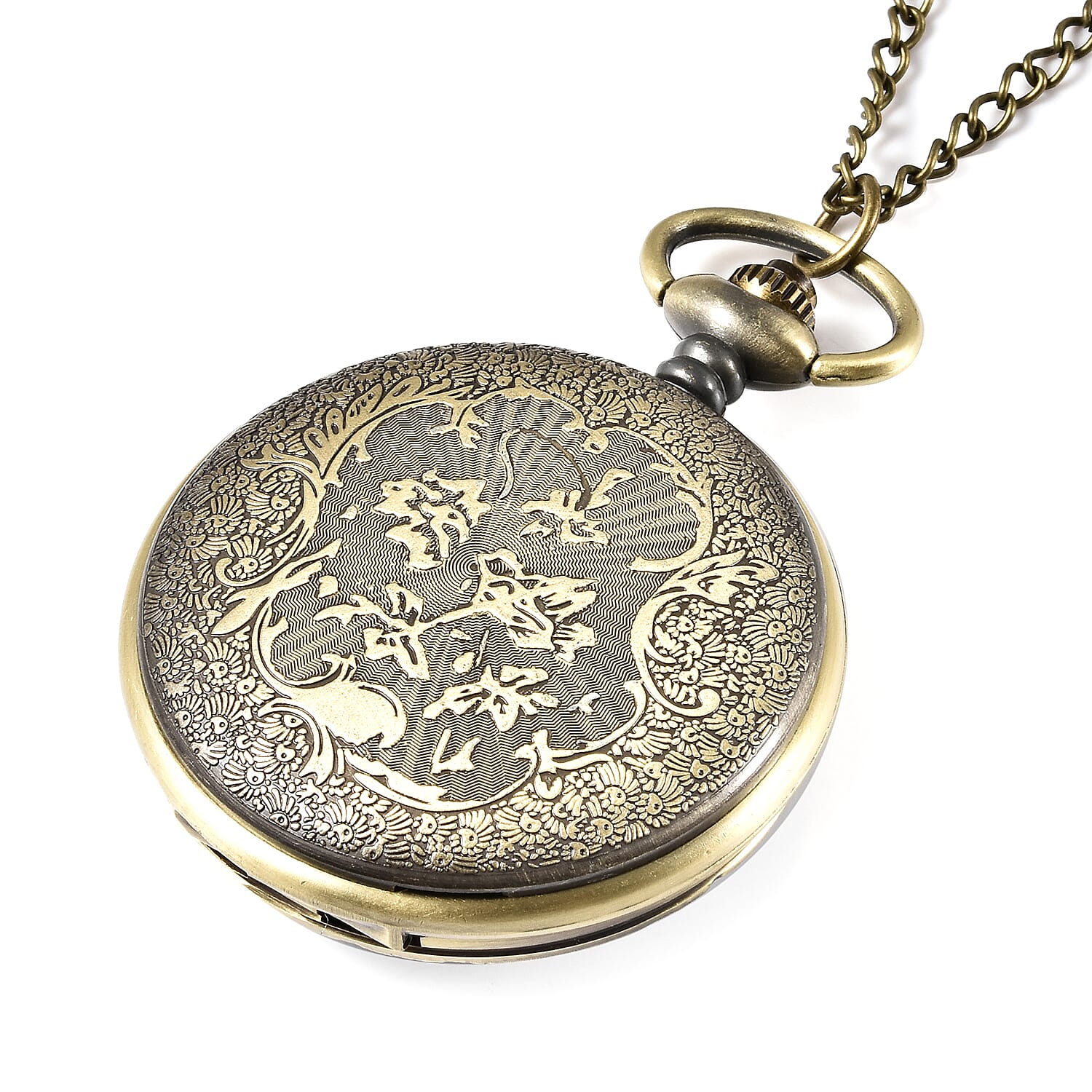 STRADA Japanese Movement Swallow Pattern Water Resistant Blue & Green Enamelled Pocket Watch with Chain (Size 31) in Yellow Gold Tone