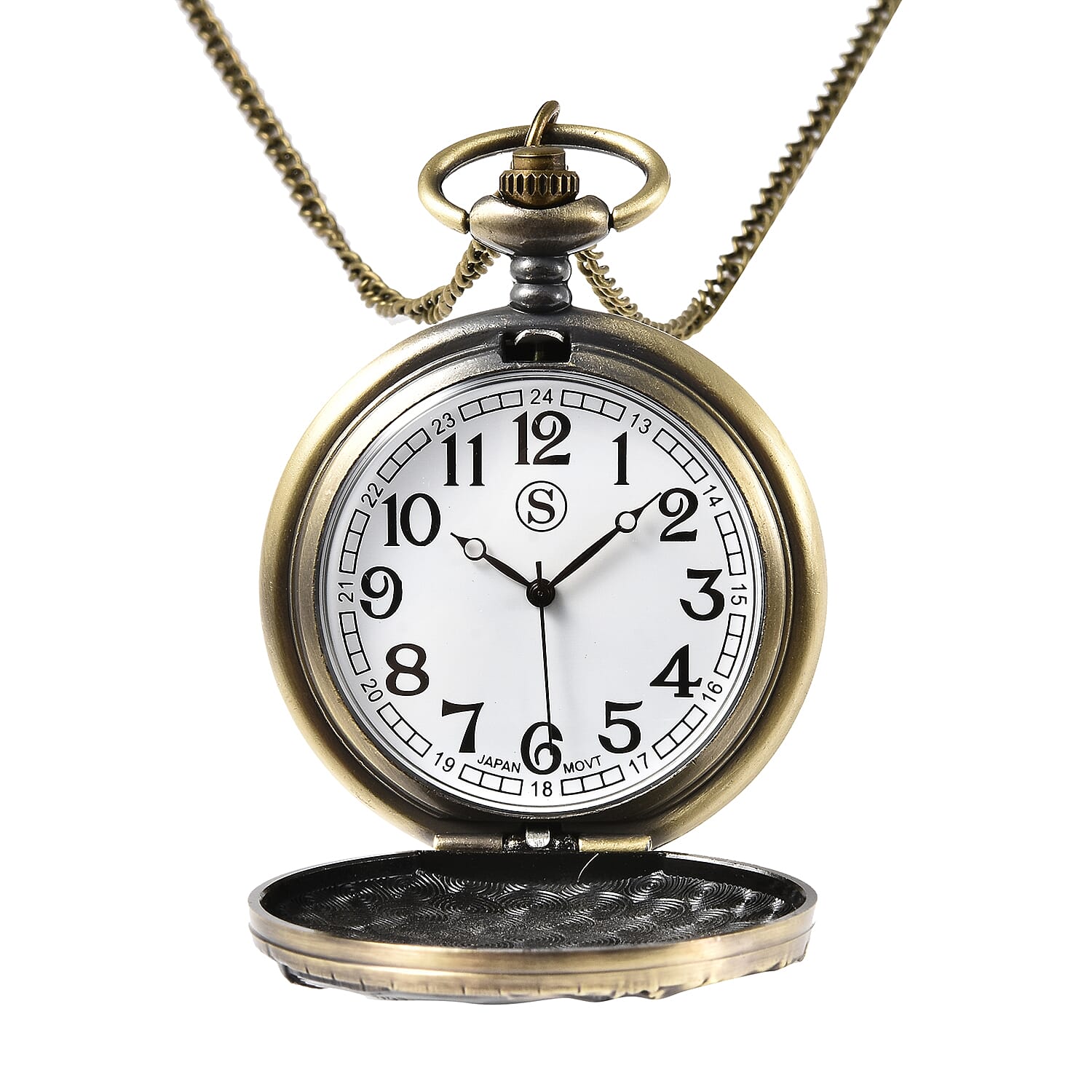 STRADA Japanese Movement Swallow Pattern Water Resistant Blue & Green Enamelled Pocket Watch with Chain (Size 31) in Yellow Gold Tone