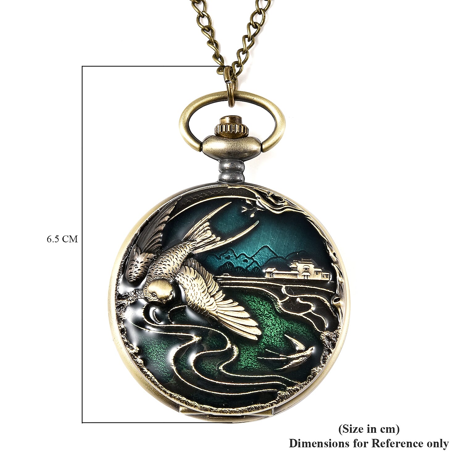 STRADA Japanese Movement Swallow Pattern Water Resistant Blue & Green Enamelled Pocket Watch with Chain (Size 31) in Yellow Gold Tone