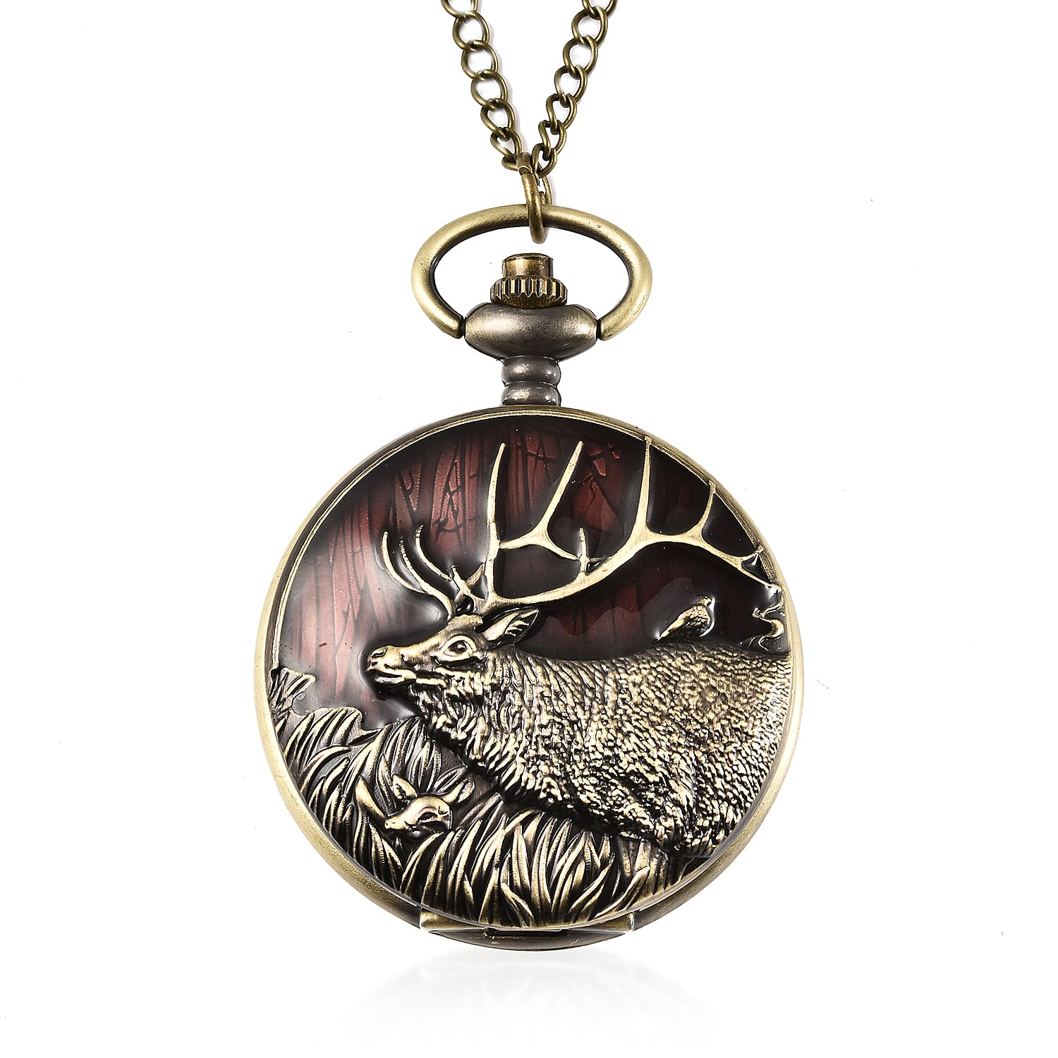 STRADA Japanese Movement Deer Pattern Water Resistant Wine Red Enamelled Pocket Watch with Chain (Size 31) in Yellow Gold Tone