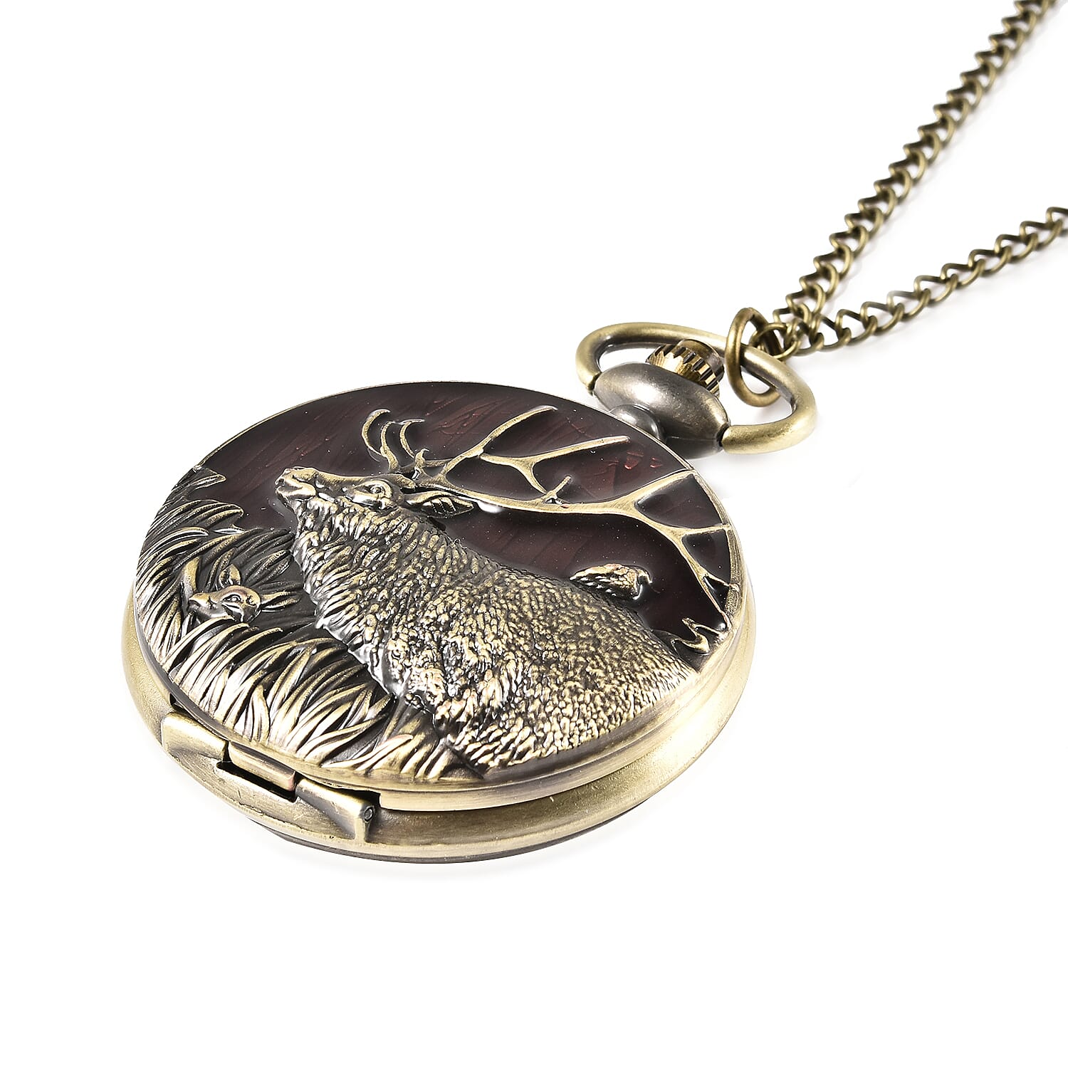 STRADA Japanese Movement Deer Pattern Water Resistant Wine Red Enamelled Pocket Watch with Chain (Size 31) in Yellow Gold Tone