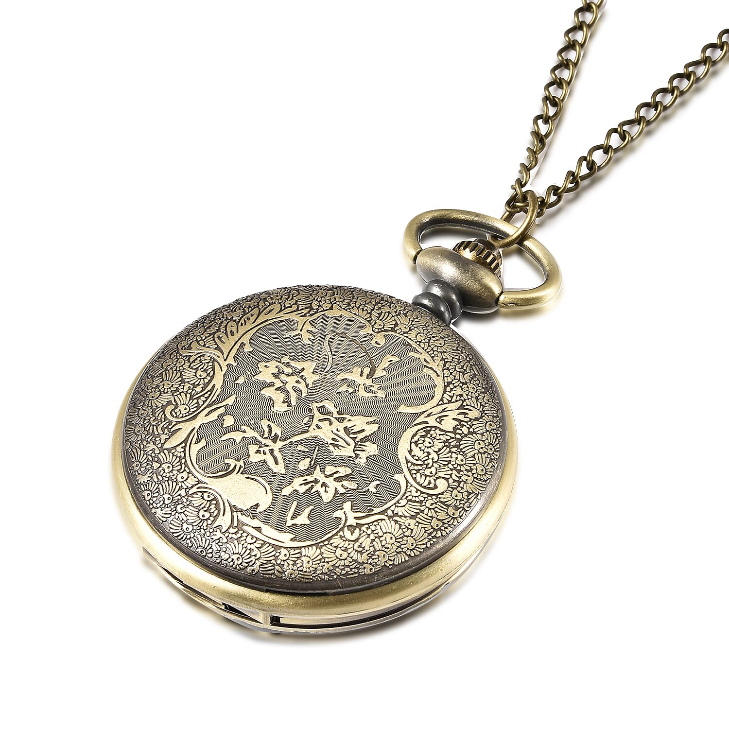 STRADA Japanese Movement Deer Pattern Water Resistant Wine Red Enamelled Pocket Watch with Chain (Size 31) in Yellow Gold Tone