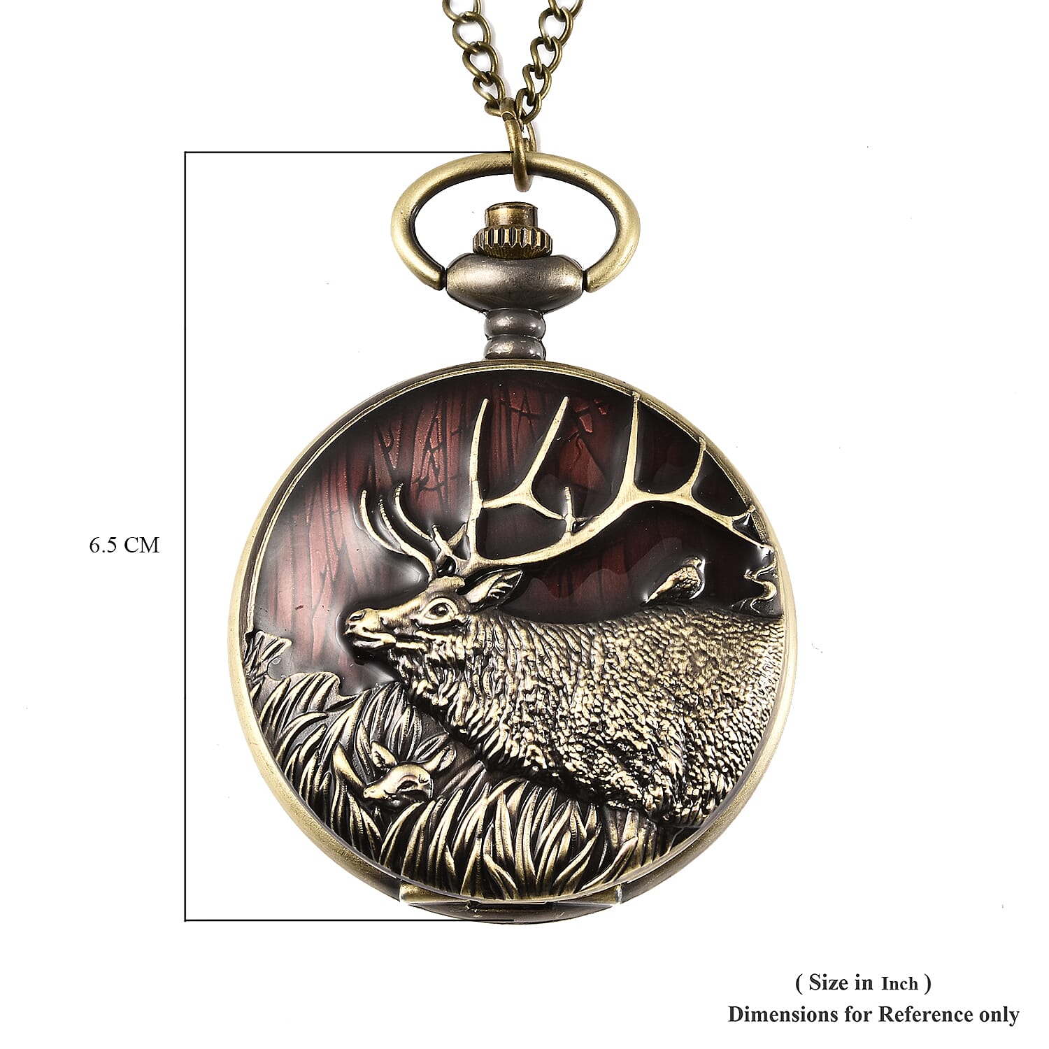 STRADA Japanese Movement Deer Pattern Water Resistant Wine Red Enamelled Pocket Watch with Chain (Size 31) in Yellow Gold Tone