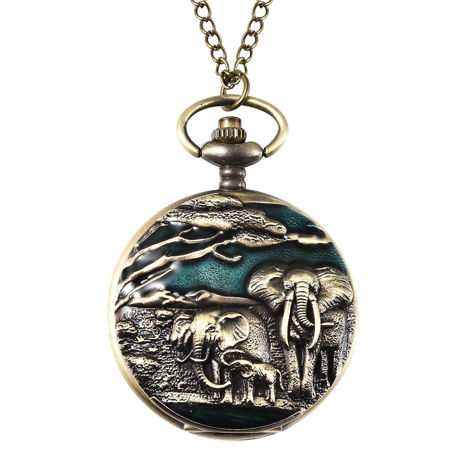 STRADA Japanese Movement Elephant Family Pattern Water Resistant Wine Red Enamelled Pocket Watch with Chain (Size 31) in Yellow Gold Tone