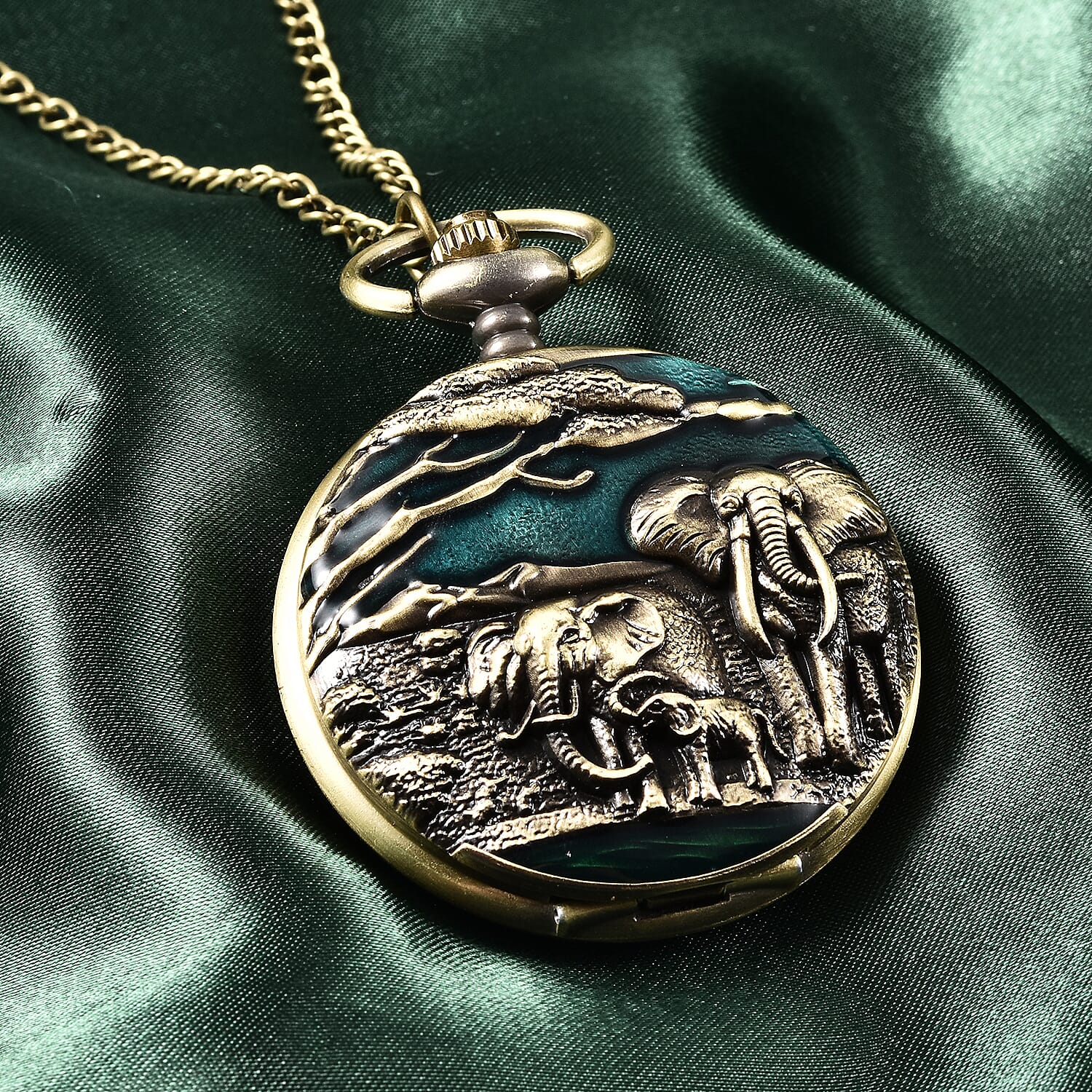 STRADA Japanese Movement Elephant Family Pattern Water Resistant Wine Red Enamelled Pocket Watch with Chain (Size 31) in Yellow Gold Tone