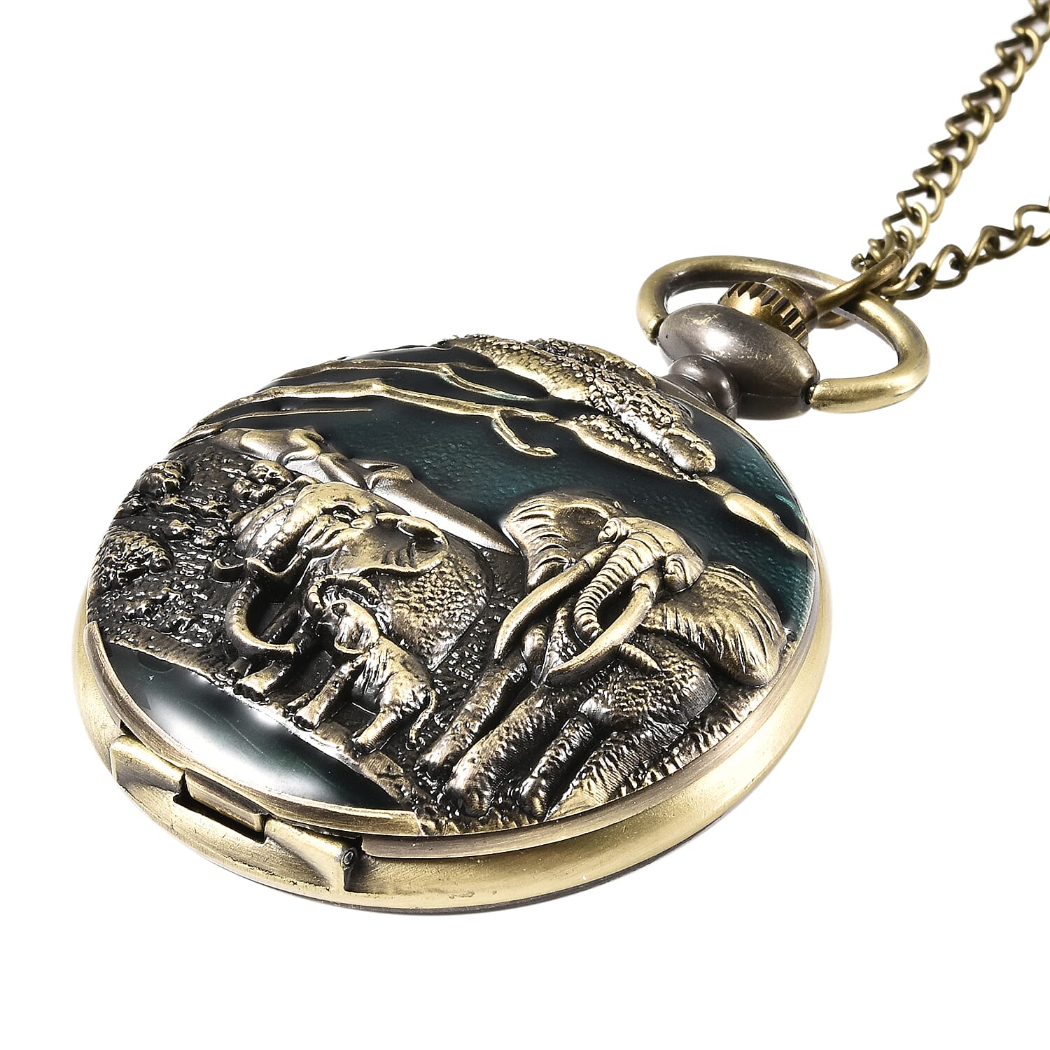 STRADA Japanese Movement Elephant Family Pattern Water Resistant Wine Red Enamelled Pocket Watch with Chain (Size 31) in Yellow Gold Tone
