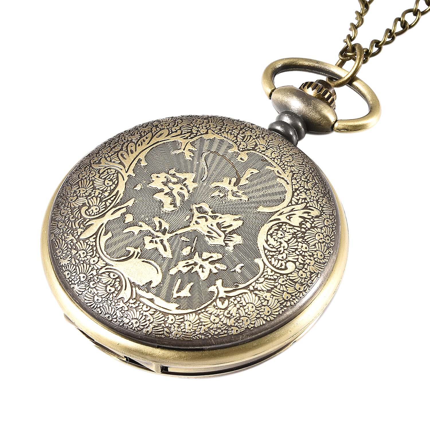 STRADA Japanese Movement Elephant Family Pattern Water Resistant Wine Red Enamelled Pocket Watch with Chain (Size 31) in Yellow Gold Tone