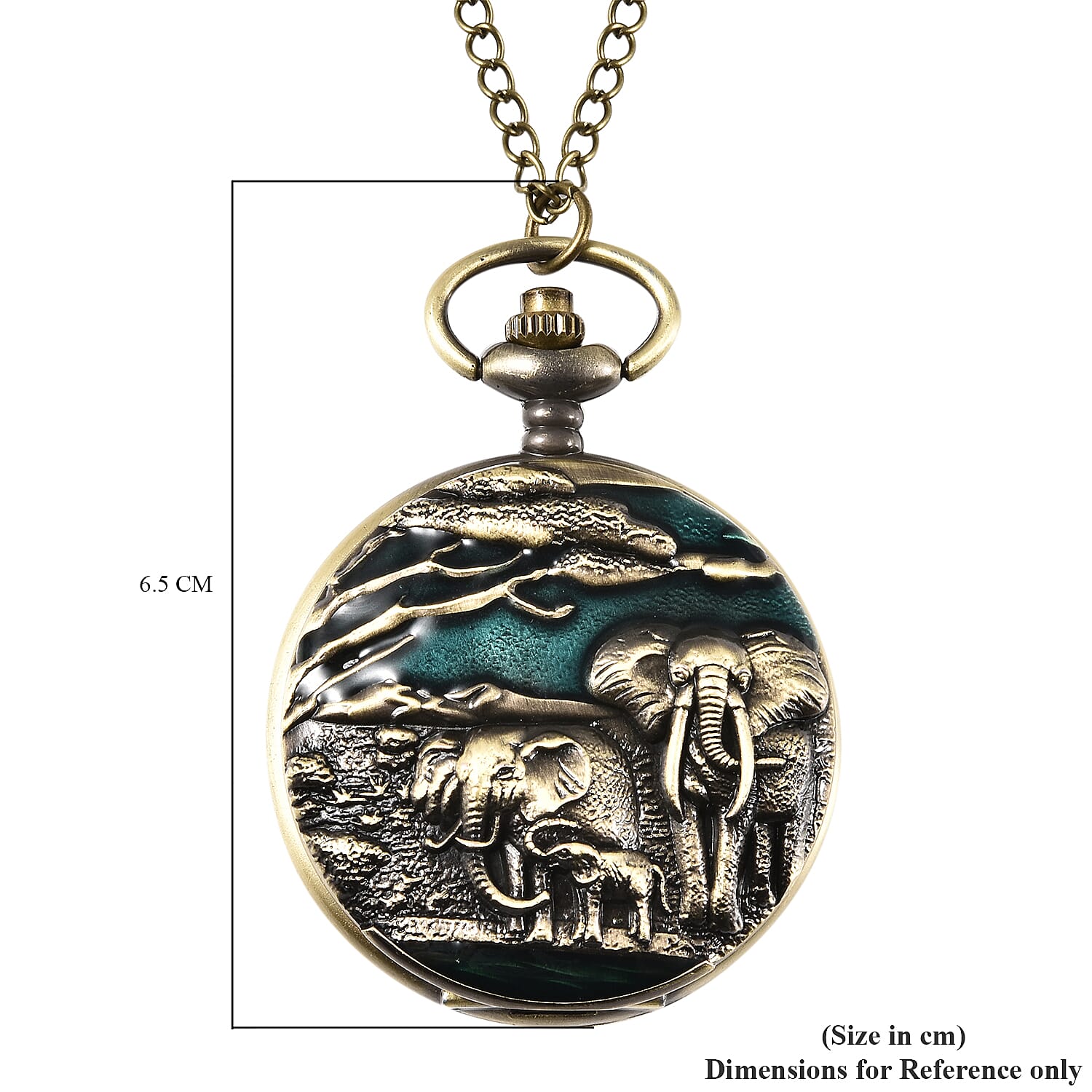 STRADA Japanese Movement Elephant Family Pattern Water Resistant Wine Red Enamelled Pocket Watch with Chain (Size 31) in Yellow Gold Tone