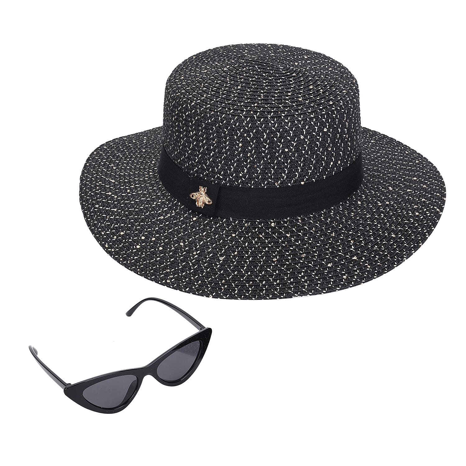 2 Piece Set - Wave Pattern Bee Braid Hat with Ribbon & Ergonomic Pattern Cat Eye Sunglasses - Black and Grey