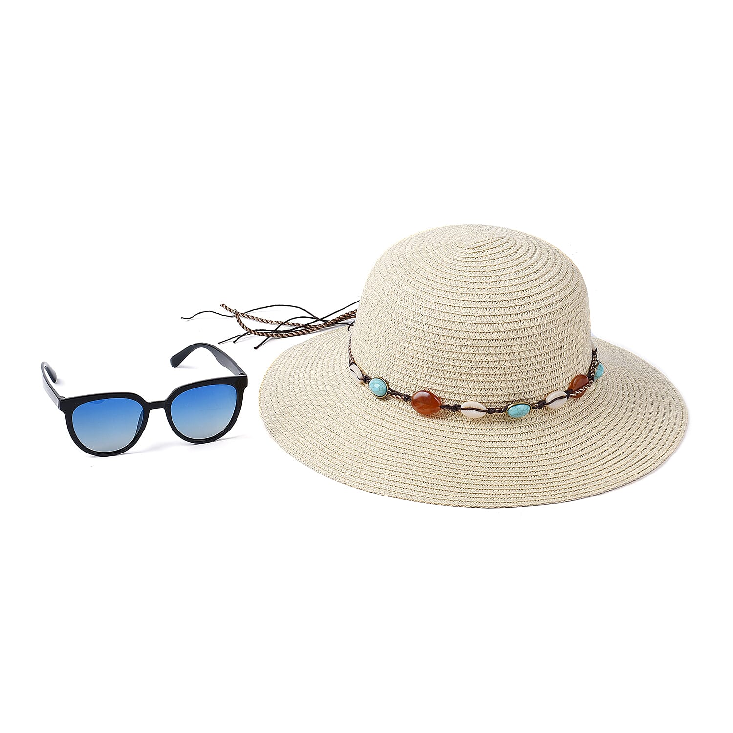 2 Piece Set - Stylish Hat with Ribbon & Ergonomic Pattern Round Retro Eye Sunglasses - Off White and Black