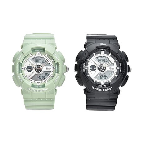 Set of 2 - GENOA Japanese Movement and Digital Water Resistant Watch - Black and Green