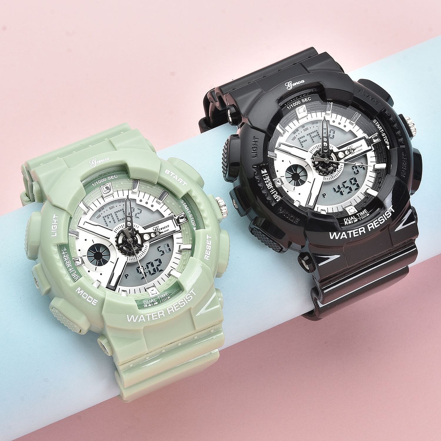  Set of 2 - GENOA Japan Movement and Electronic Movement Silver Dial 5ATM Water Resistant Watches with Black and Green Colour Strap