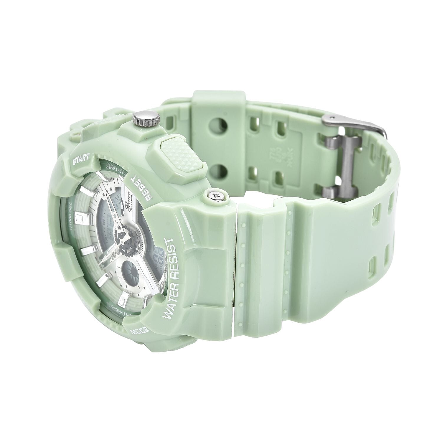  Set of 2 - GENOA Japan Movement and Electronic Movement Silver Dial 5ATM Water Resistant Watches with Black and Green Colour Strap