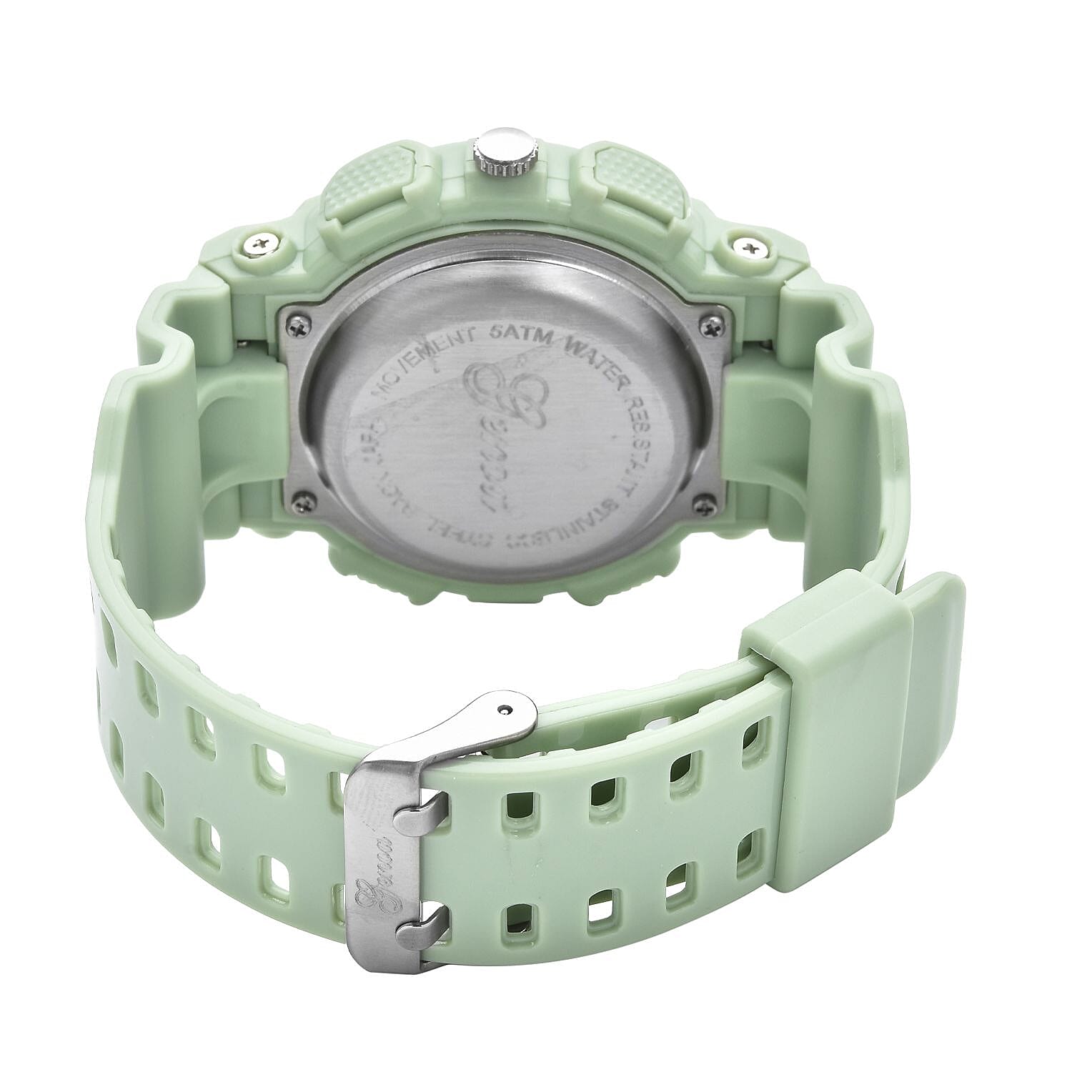  Set of 2 - GENOA Japan Movement and Electronic Movement Silver Dial 5ATM Water Resistant Watches with Black and Green Colour Strap