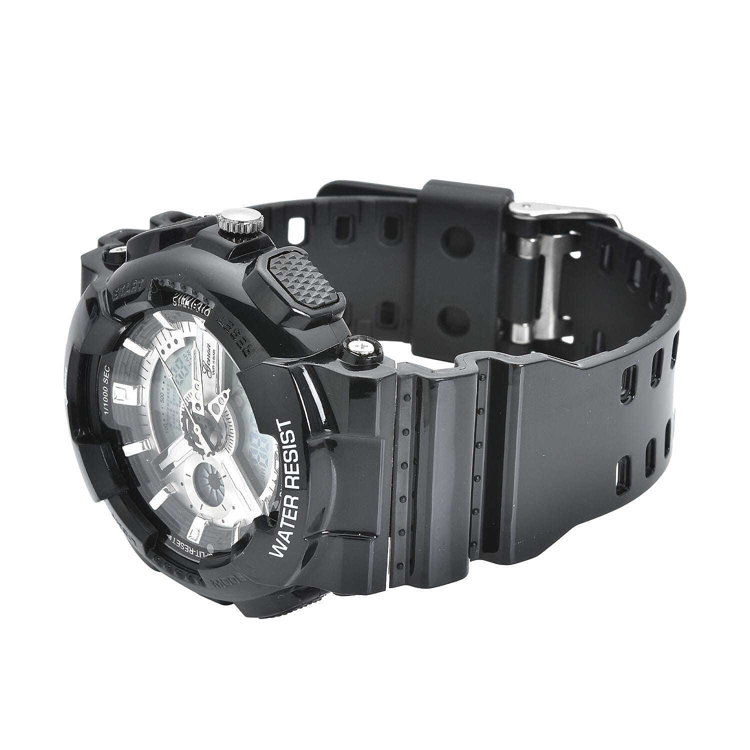  Set of 2 - GENOA Japan Movement and Electronic Movement Silver Dial 5ATM Water Resistant Watches with Black and Green Colour Strap