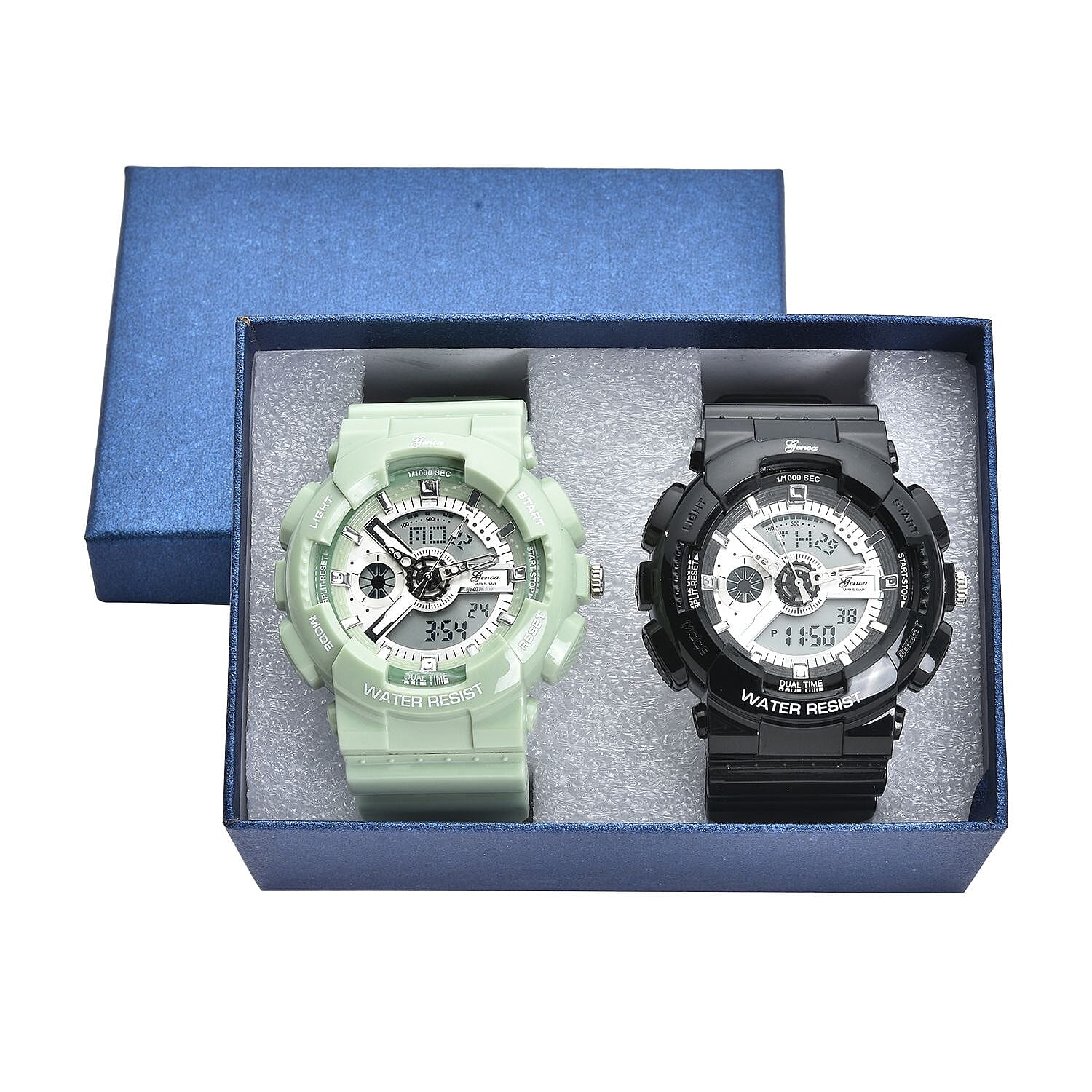  Set of 2 - GENOA Japan Movement and Electronic Movement Silver Dial 5ATM Water Resistant Watches with Black and Green Colour Strap
